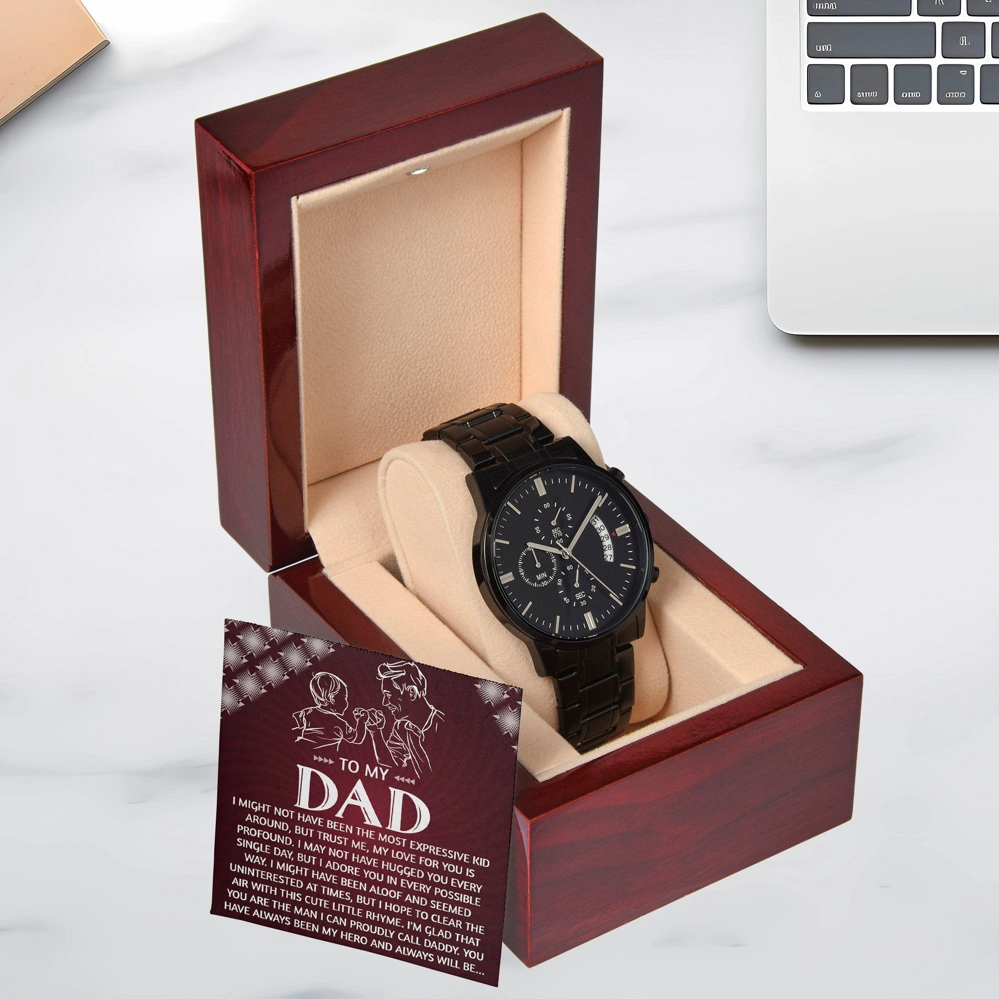 To My Dad Chronograph Watch - Heartfelt Expressive Love Message Card Gift for Dad from Child - Stylish Black Stainless-Steel Timepiece - Father's Day, Birthday, Christmas Keepsake for Dad