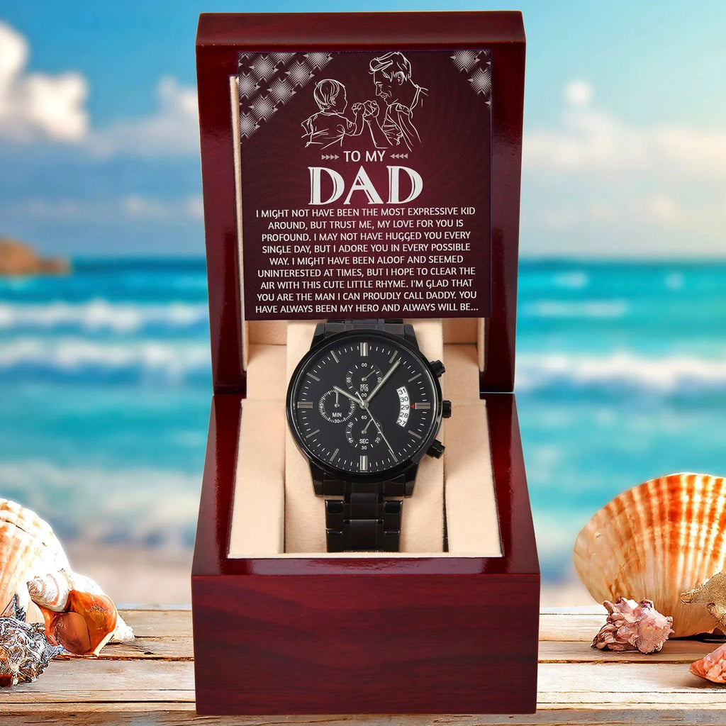 To My Dad Chronograph Watch - Heartfelt Expressive Love Message Card Gift for Dad from Child - Stylish Black Stainless-Steel Timepiece - Father's Day, Birthday, Christmas Keepsake for Dad