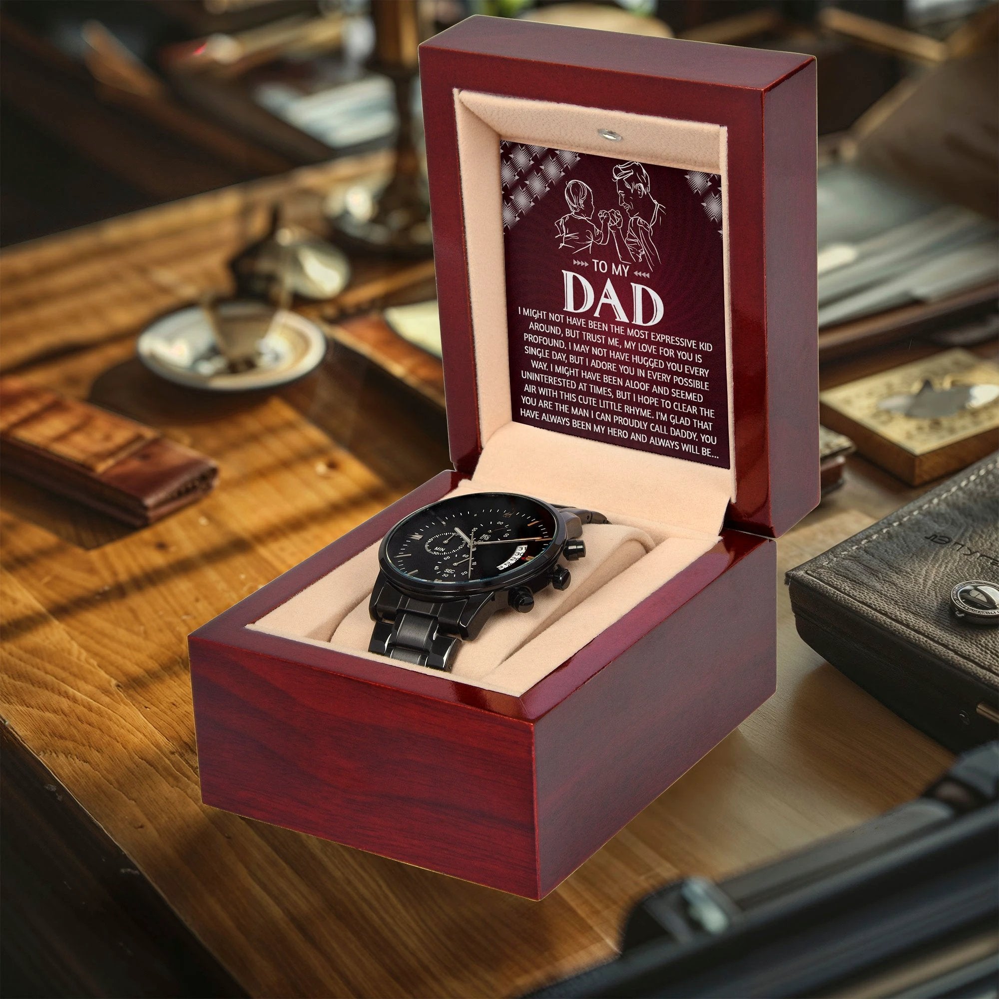 To My Dad Chronograph Watch - Heartfelt Expressive Love Message Card Gift for Dad from Child - Stylish Black Stainless-Steel Timepiece - Father's Day, Birthday, Christmas Keepsake for Dad