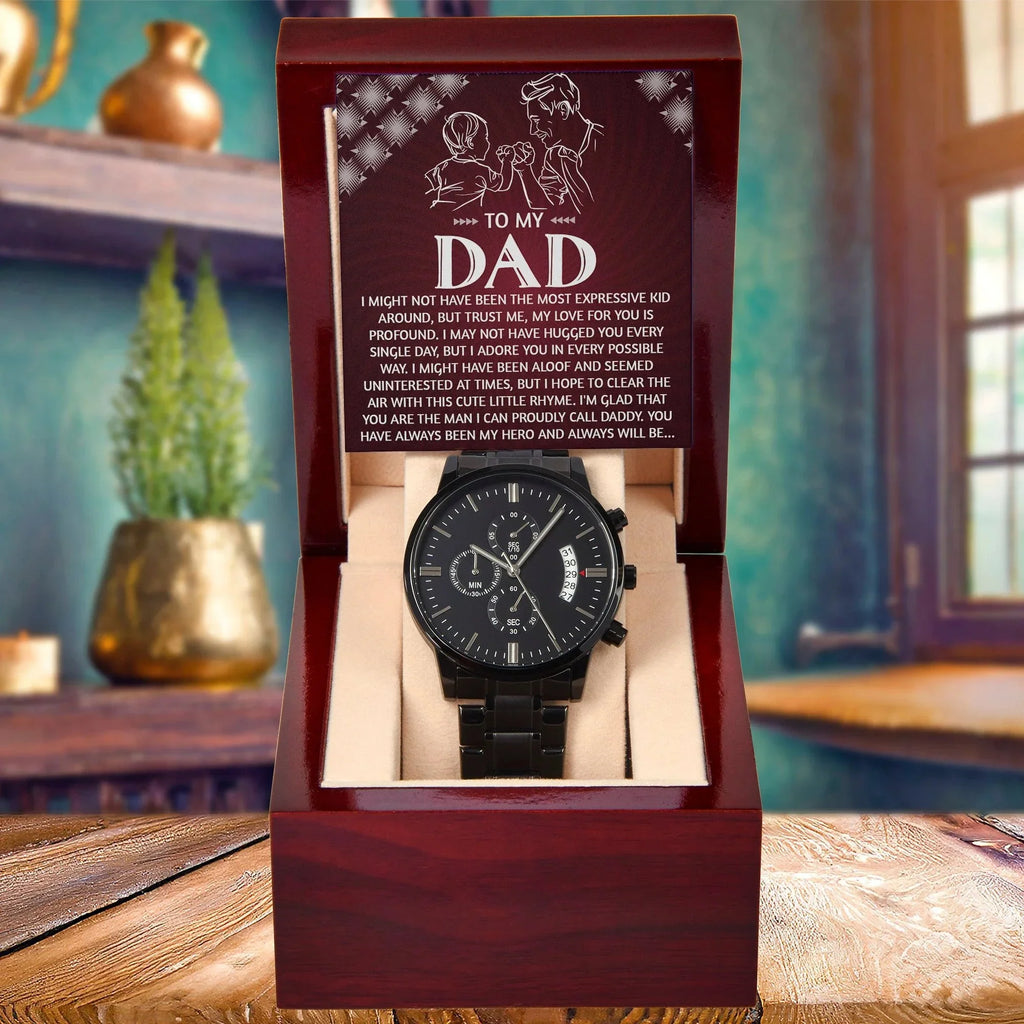 To My Dad Chronograph Watch - Heartfelt Expressive Love Message Card Gift for Dad from Child - Stylish Black Stainless-Steel Timepiece - Father's Day, Birthday, Christmas Keepsake for Dad