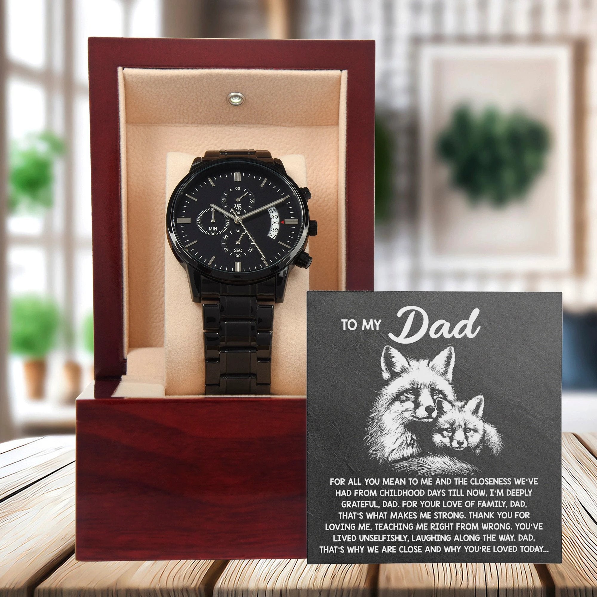 To My Dad Black Chronograph Watch - Meaningful Father's Day Gift with Family Love Message and Fox & Kit Design - Elegant Gift Box Included