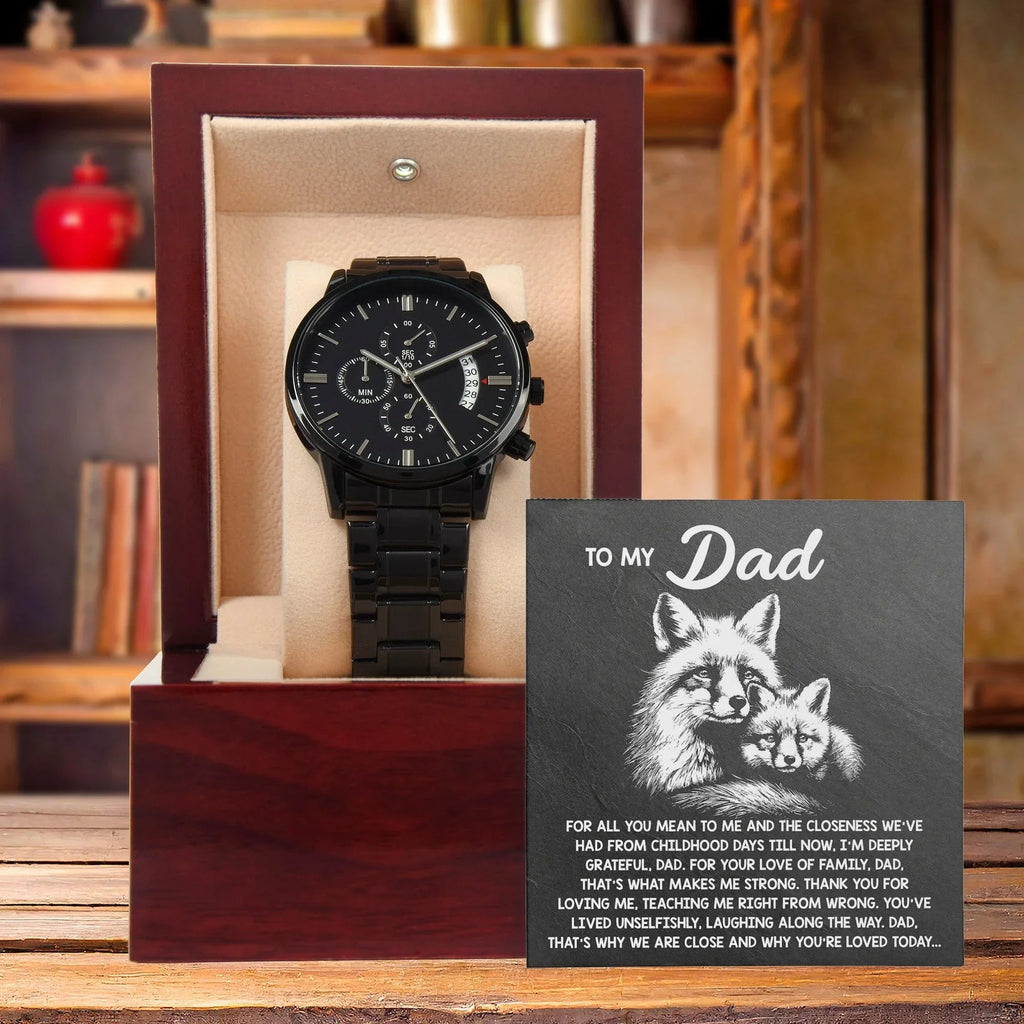 To My Dad Black Chronograph Watch - Meaningful Father's Day Gift with Family Love Message and Fox & Kit Design - Elegant Gift Box Included