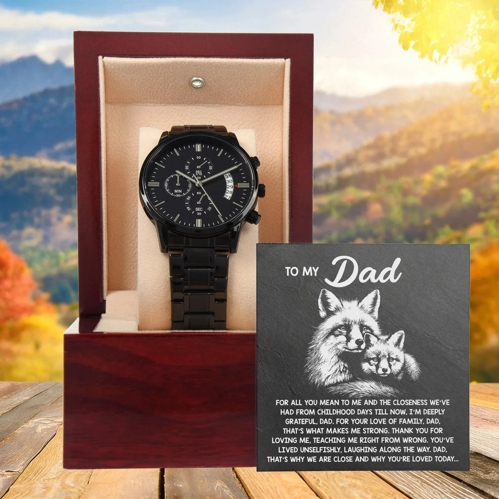To My Dad Black Chronograph Watch - Meaningful Father's Day Gift with Family Love Message and Fox & Kit Design - Elegant Gift Box Included