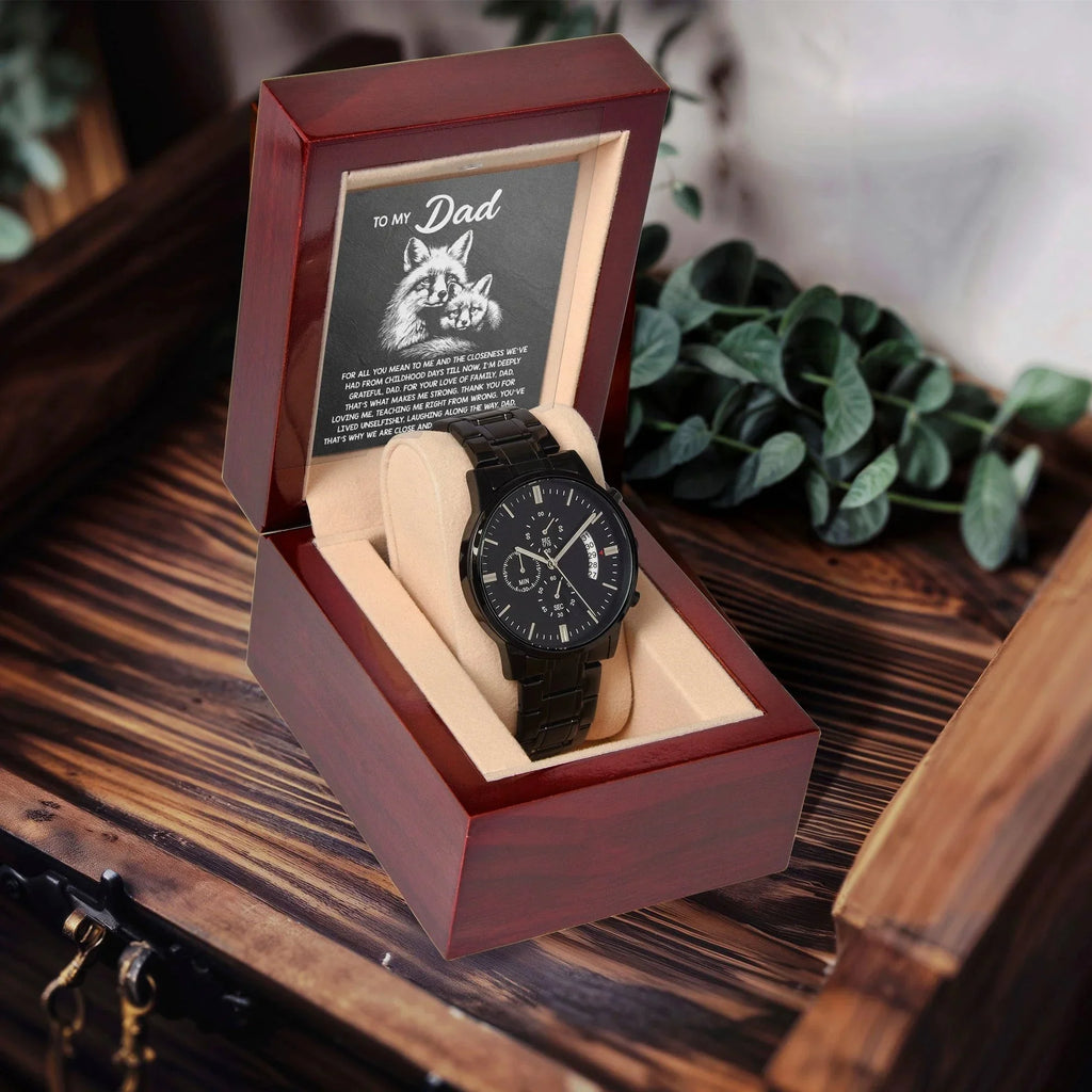 To My Dad Black Chronograph Watch - Meaningful Father's Day Gift with Family Love Message and Fox & Kit Design - Elegant Gift Box Included