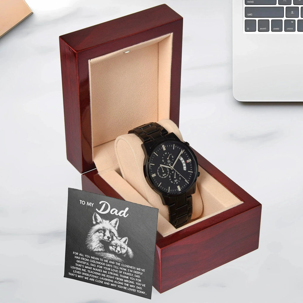 To My Dad Black Chronograph Watch - Meaningful Father's Day Gift with Family Love Message and Fox & Kit Design - Elegant Gift Box Included
