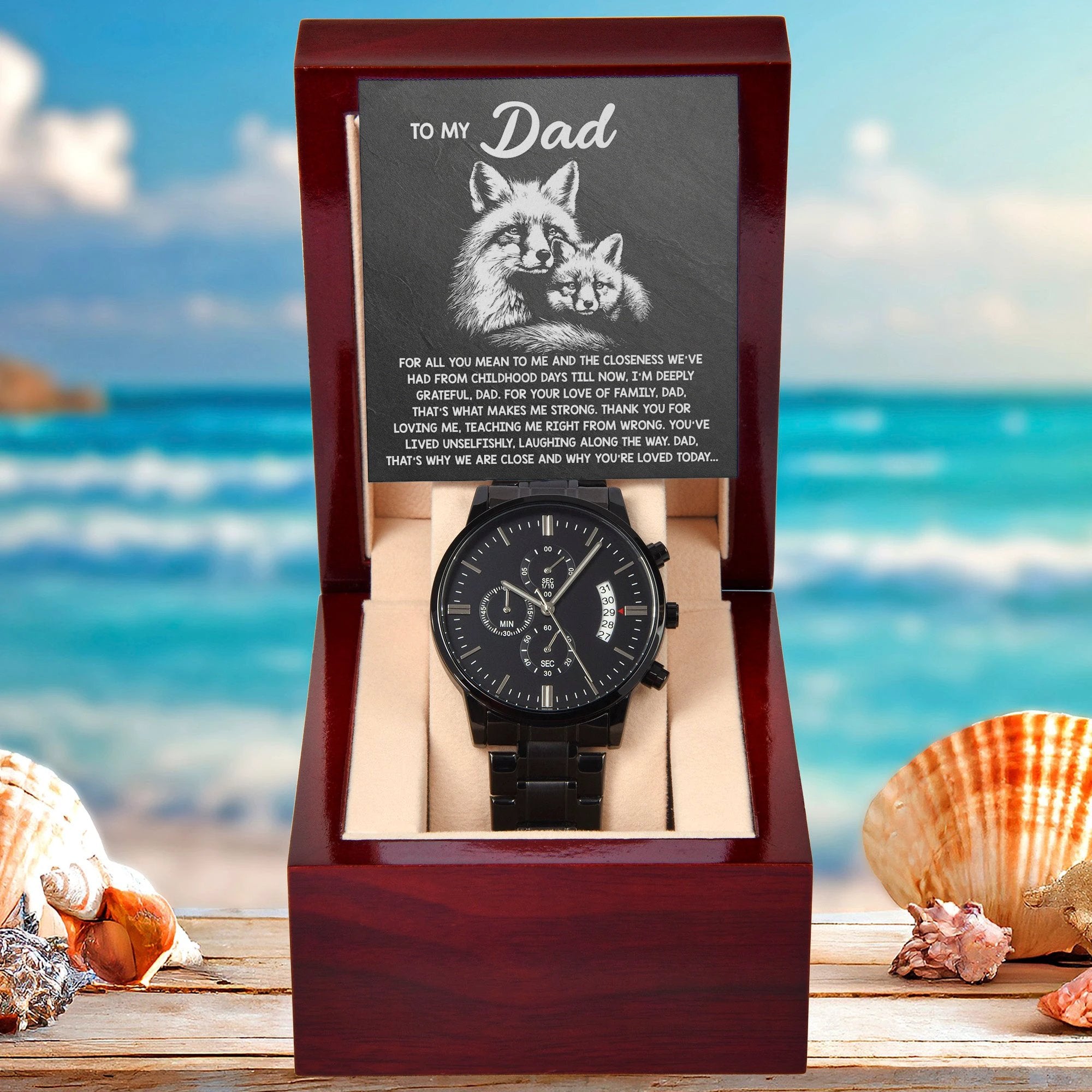 To My Dad Black Chronograph Watch - Meaningful Father's Day Gift with Family Love Message and Fox & Kit Design - Elegant Gift Box Included