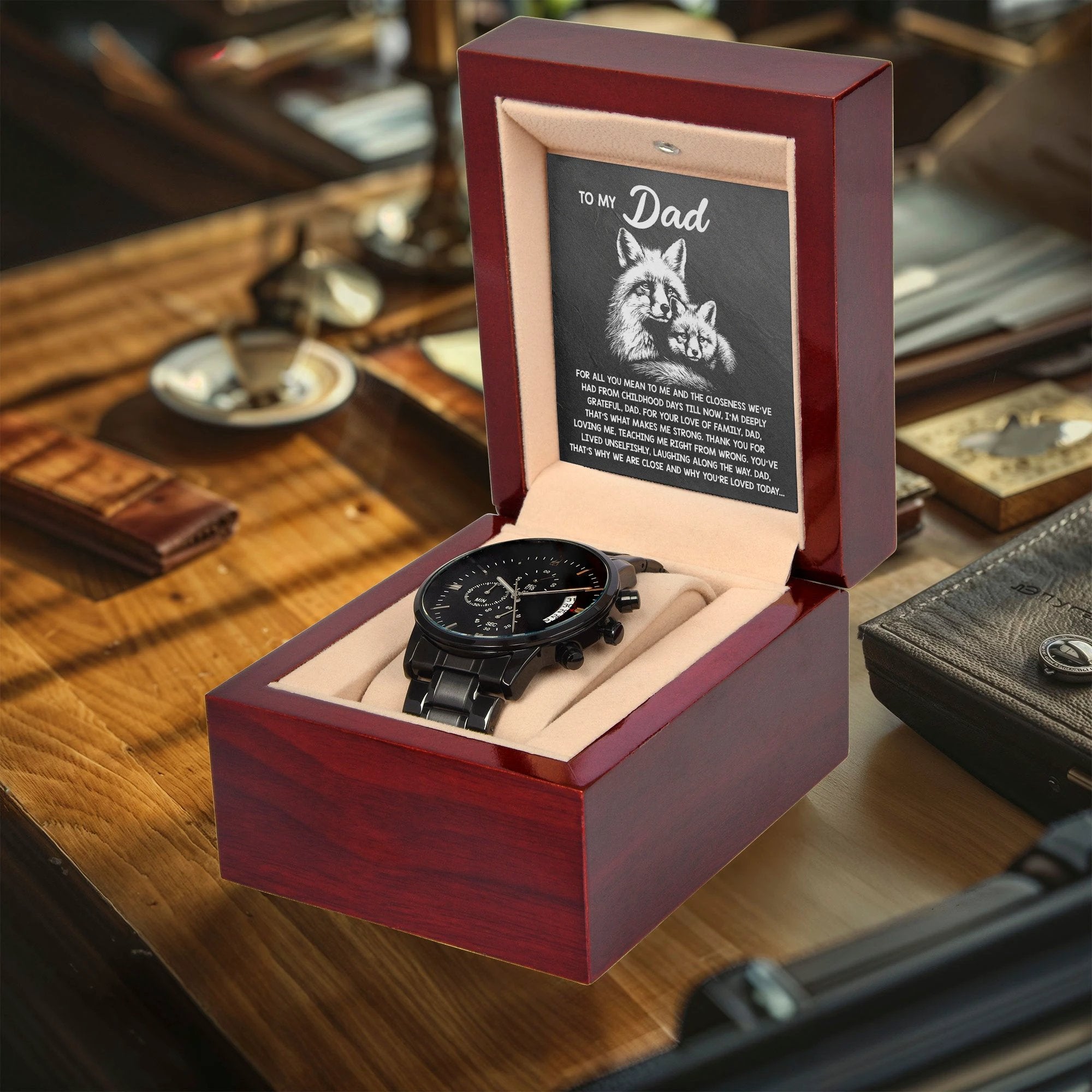 To My Dad Black Chronograph Watch - Meaningful Father's Day Gift with Family Love Message and Fox & Kit Design - Elegant Gift Box Included