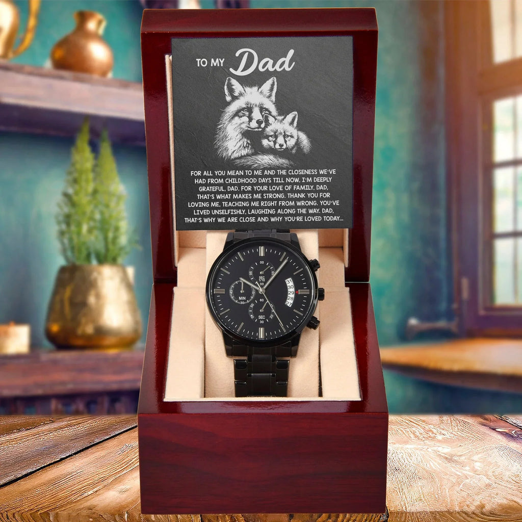 To My Dad Black Chronograph Watch - Meaningful Father's Day Gift with Family Love Message and Fox & Kit Design - Elegant Gift Box Included