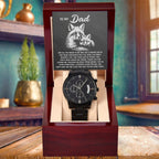 To My Dad Black Chronograph Watch - Meaningful Father's Day Gift with Family Love Message and Fox & Kit Design - Elegant Gift Box Included