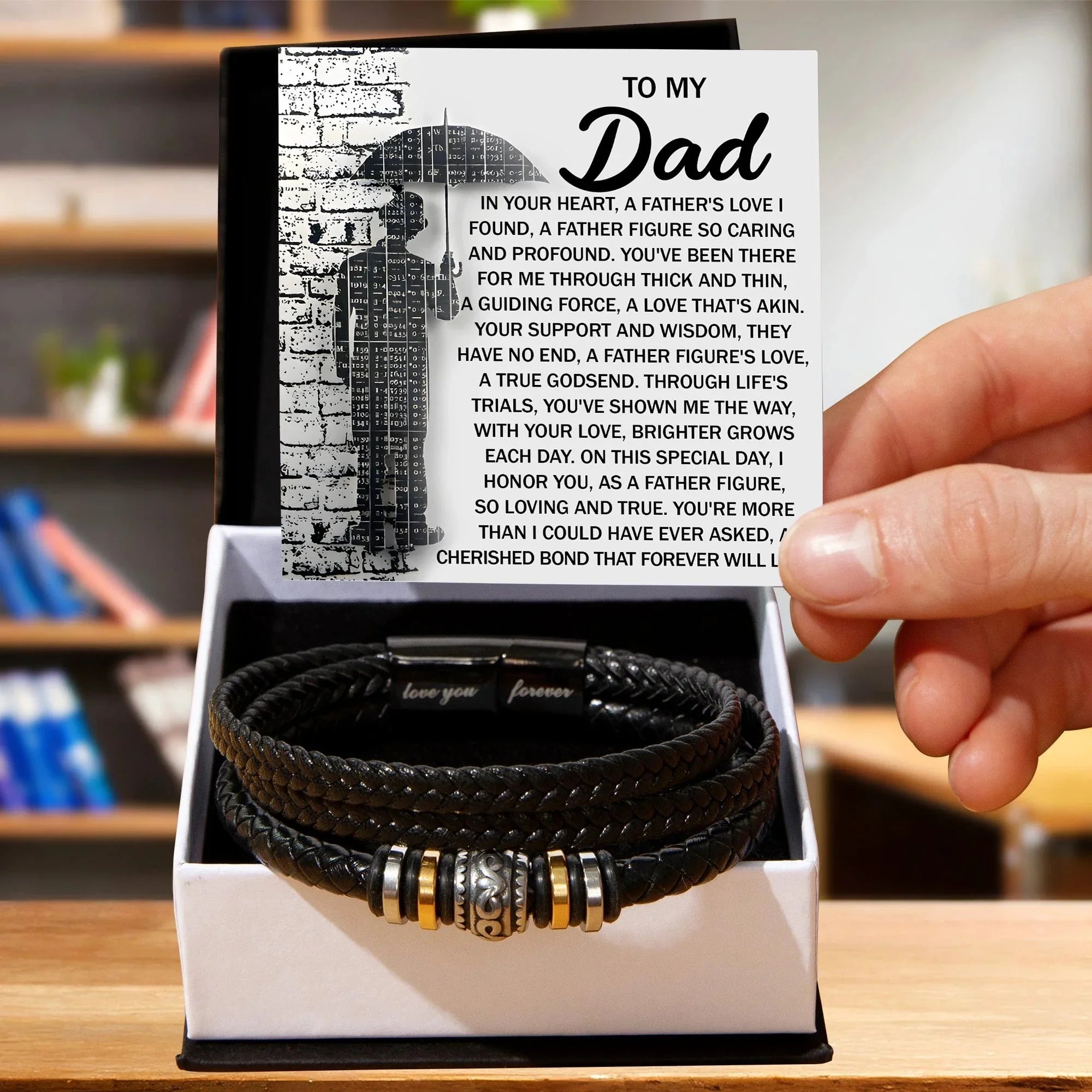 To My Dad Men's Vegan Leather Bracelet Birthday, Father's Day Gift with Heartfelt “Father Figure” Message Card -