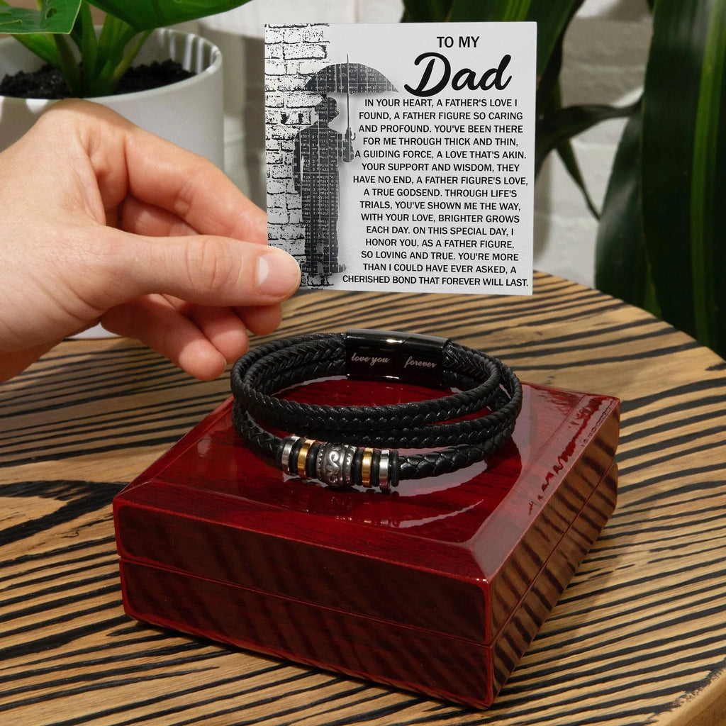 To My Dad Men's Vegan Leather Bracelet Birthday, Father's Day Gift with Heartfelt “Father Figure” Message Card -