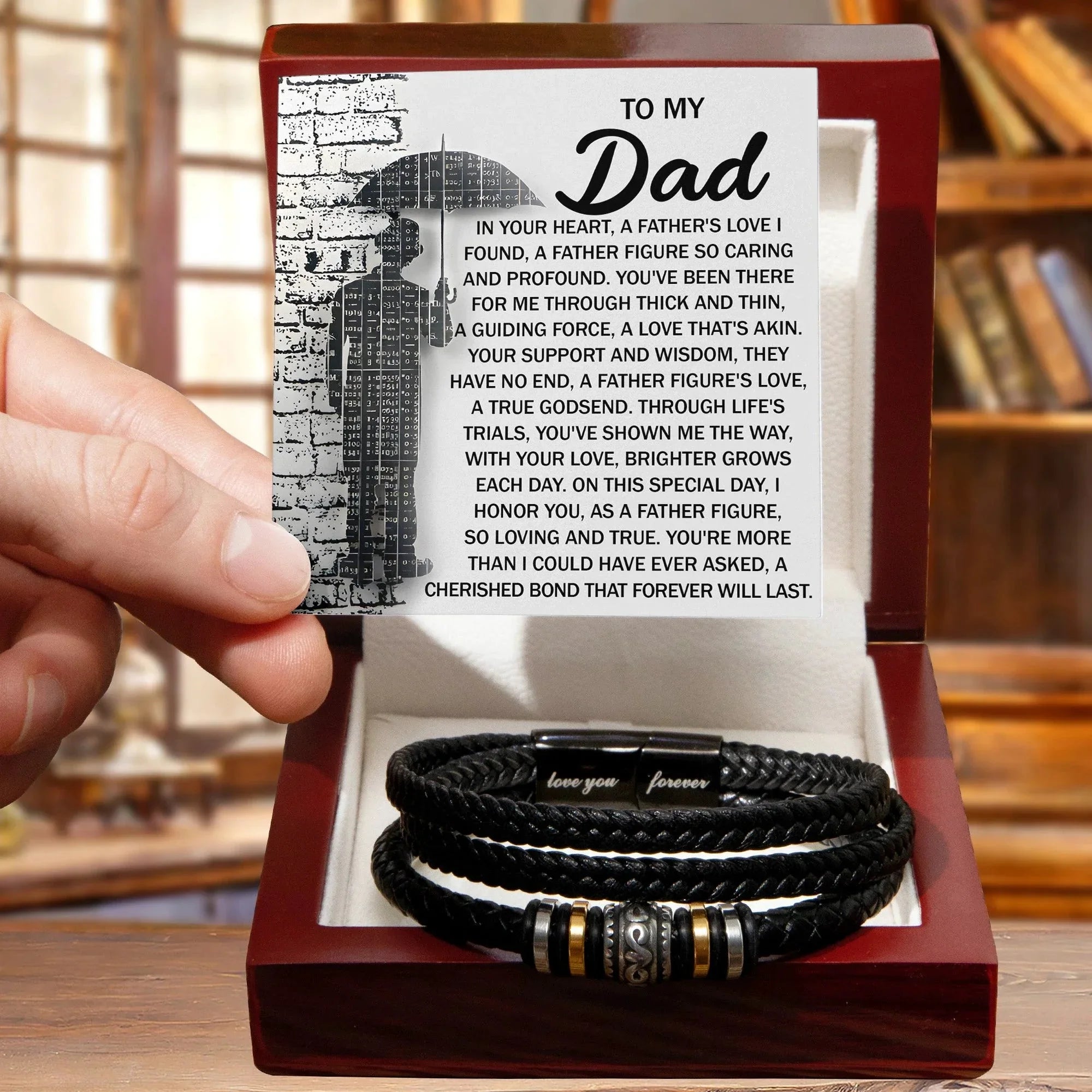 To My Dad Men's Vegan Leather Bracelet Birthday, Father's Day Gift with Heartfelt “Father Figure” Message Card -