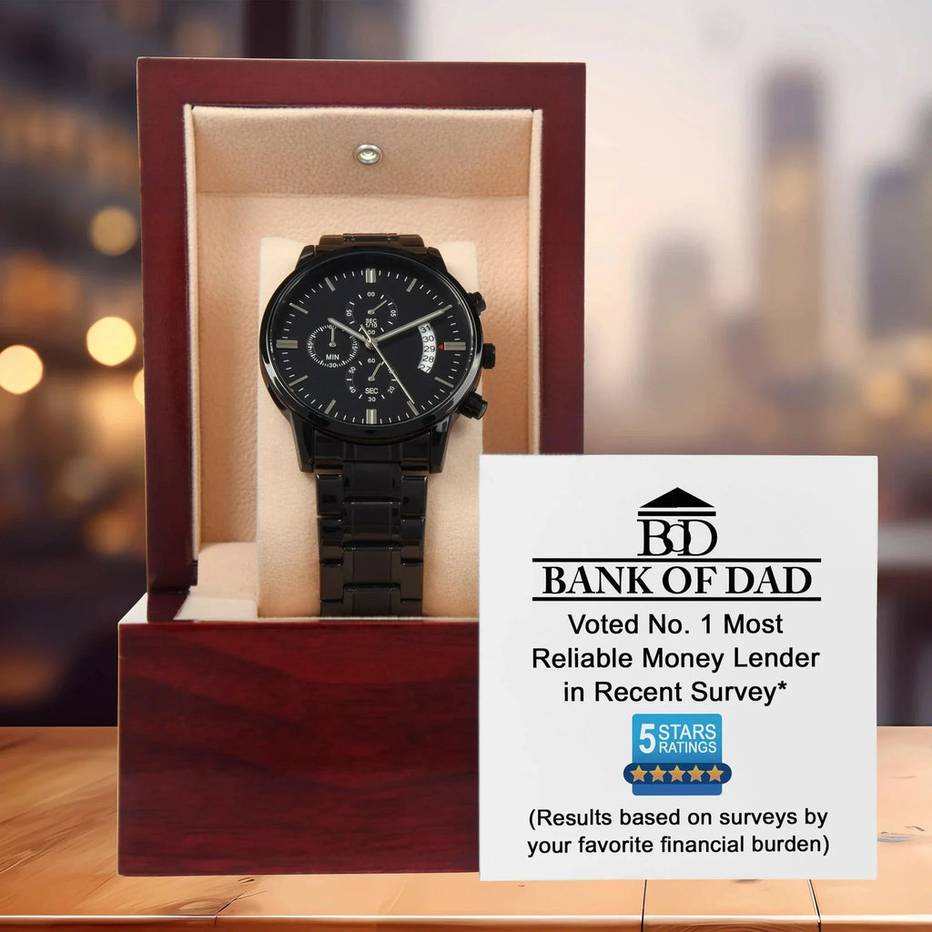 Bank of Dad Funny Watch Gift – Metal Chronograph Watch for Dad – No. 1 Reliable Money Lender Award – Humor Gift from Favorite Financial Burden