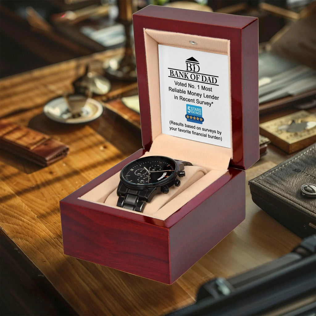 Bank of Dad Funny Watch Gift – Metal Chronograph Watch for Dad – No. 1 Reliable Money Lender Award – Humor Gift from Favorite Financial Burden