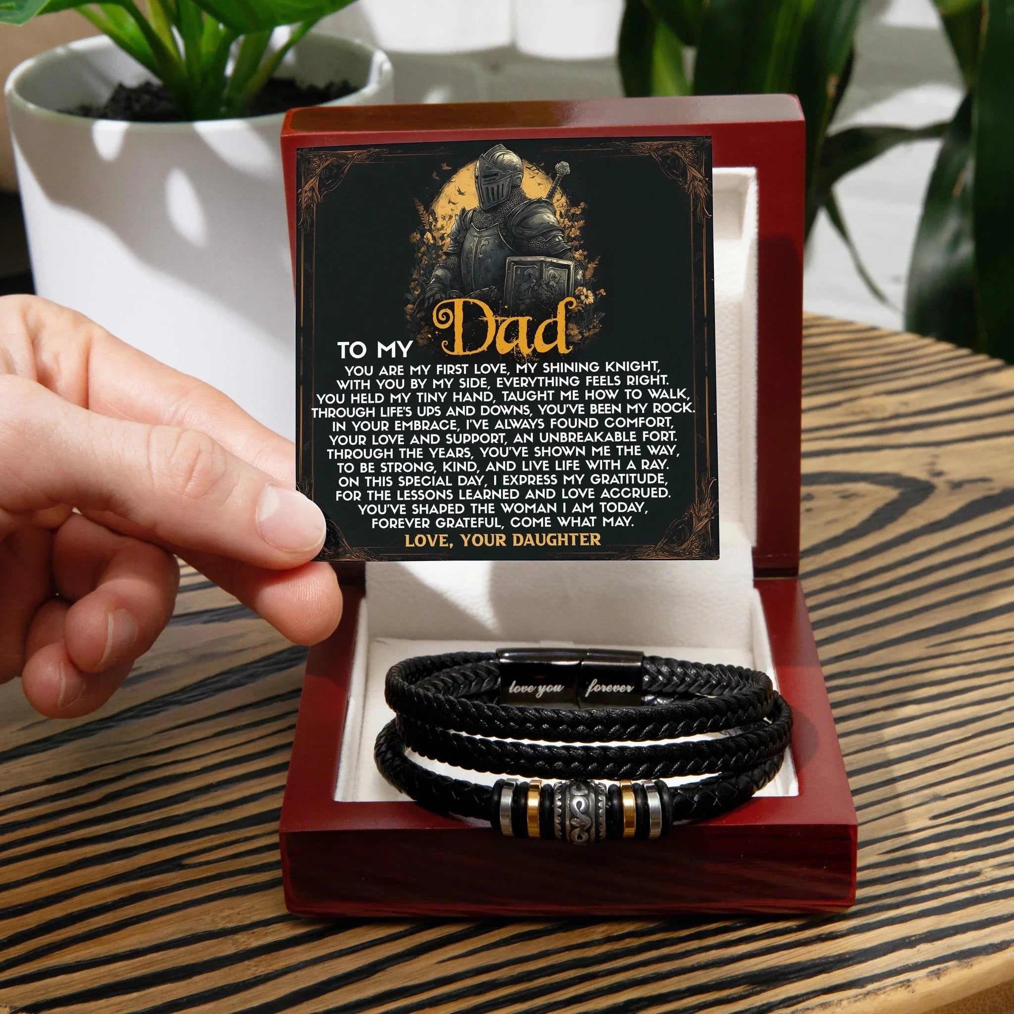 To My Dad from Daughter Birthday, Father's Day Gift - Men's Vegan Leather Bracelet with First Love Message Card