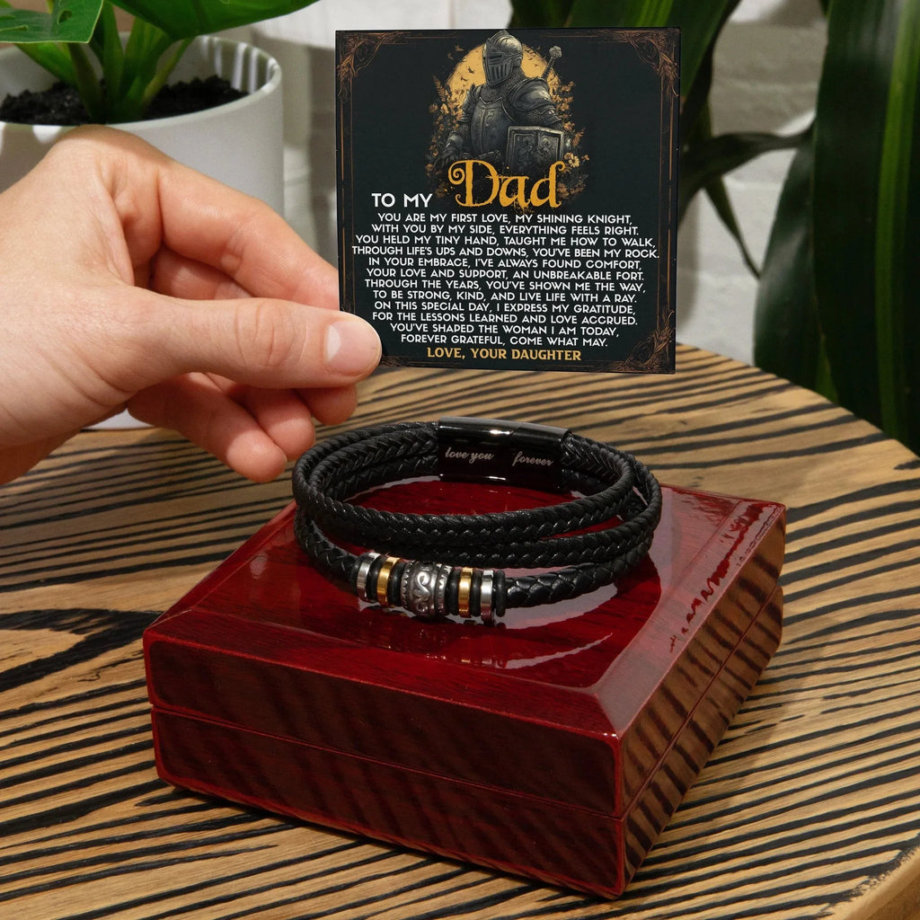 To My Dad from Daughter Birthday, Father's Day Gift - Men's Vegan Leather Bracelet with First Love Message Card
