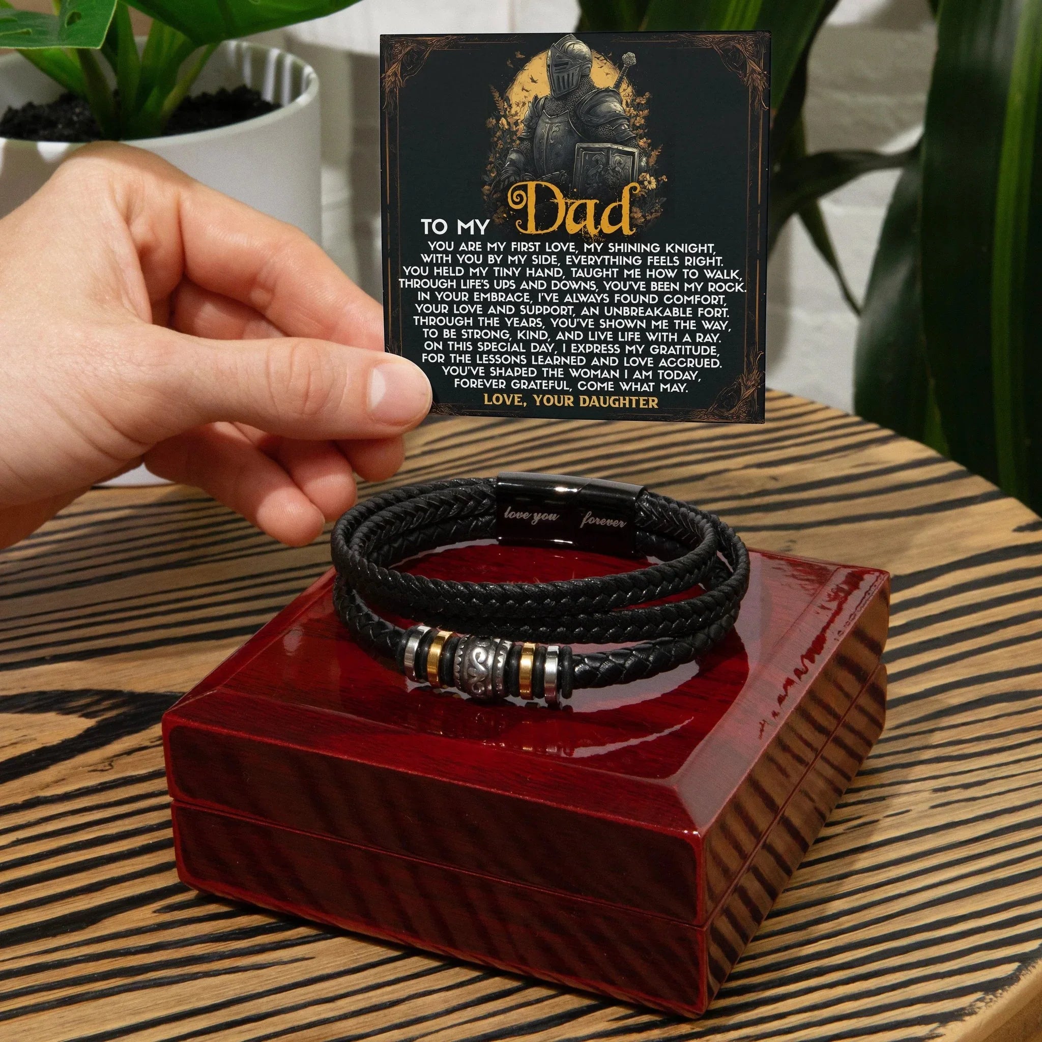 To My Dad from Daughter Birthday, Father's Day Gift - Men's Vegan Leather Bracelet with First Love Message Card