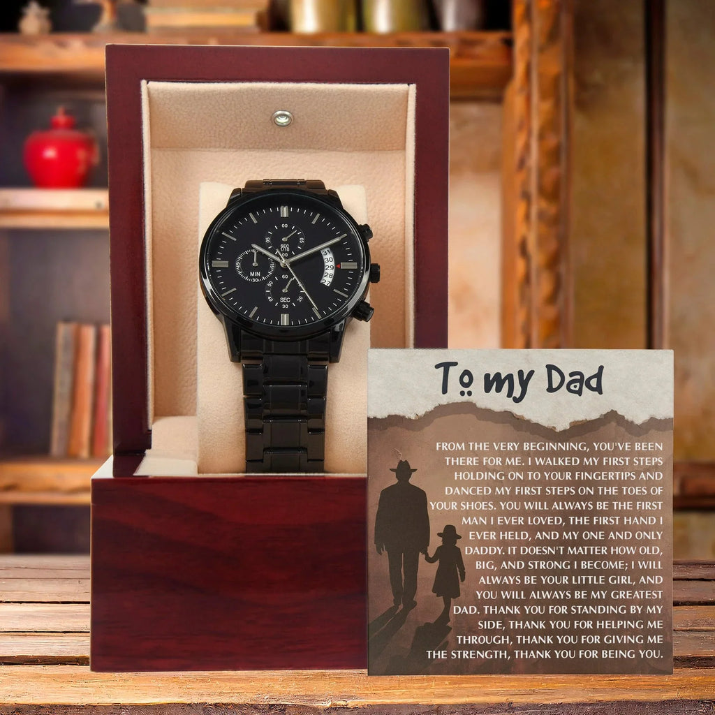 To My Dad - First Love Father Daughter Message Card with Luxury Black Chronograph Watch - Meaningful Father's Day Gift from Daughter