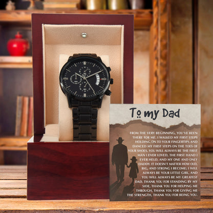 To My Dad - First Love Father Daughter Message Card with Luxury Black Chronograph Watch - Meaningful Father's Day Gift from Daughter - Mallard Moon Gift Shop