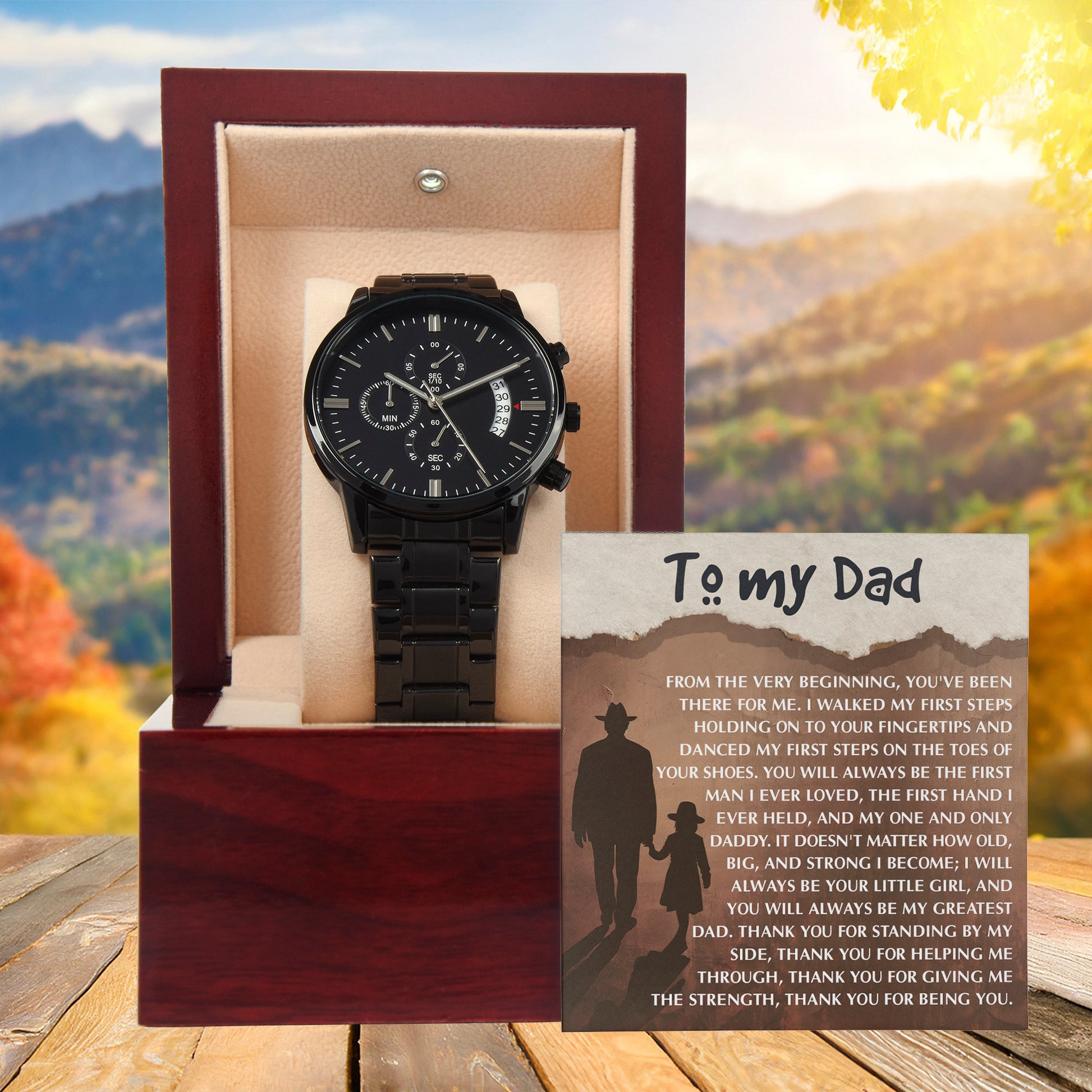 To My Dad - First Love Father Daughter Message Card with Luxury Black Chronograph Watch - Meaningful Father's Day Gift from Daughter - Mallard Moon Gift Shop