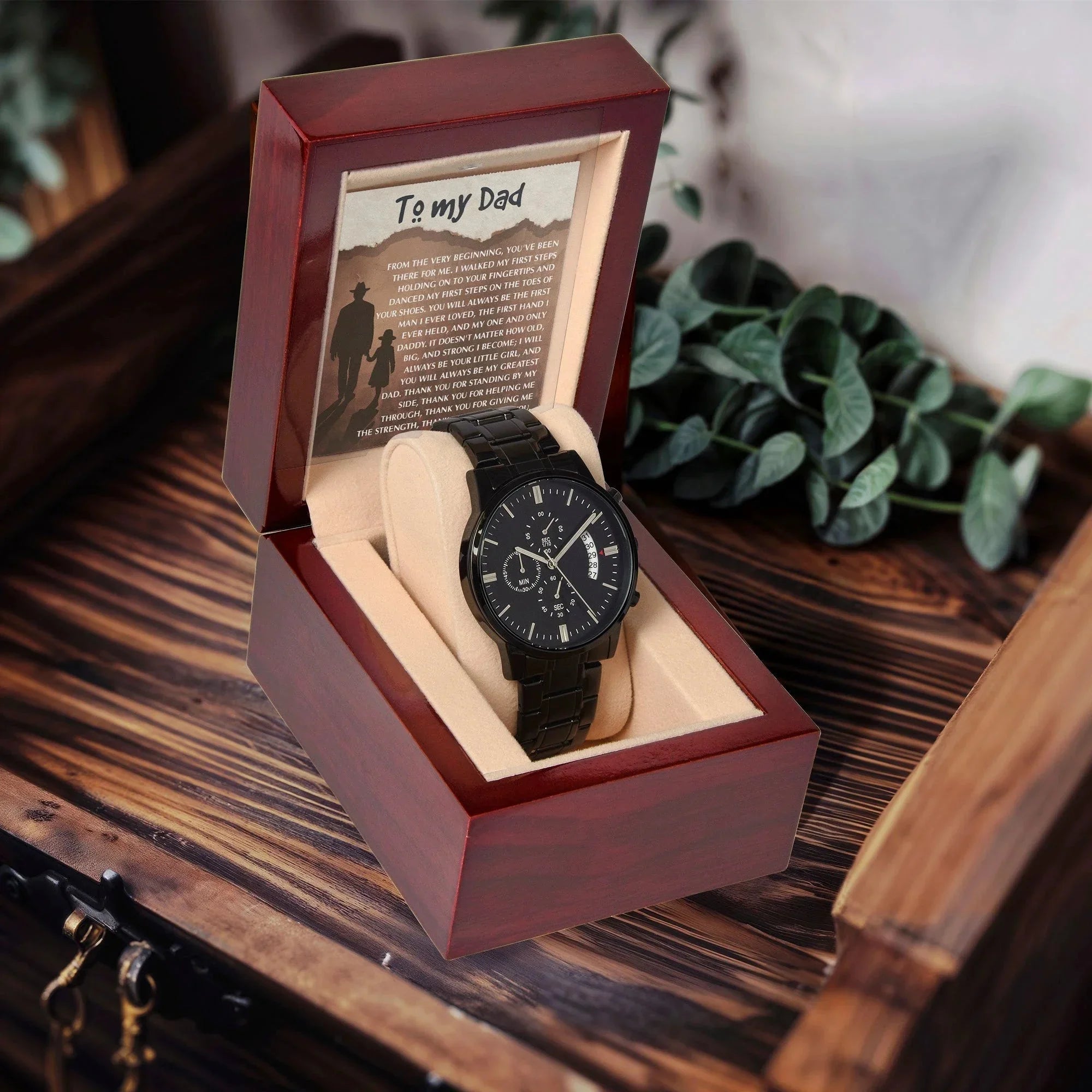 To My Dad - First Love Father Daughter Message Card with Luxury Black Chronograph Watch - Meaningful Father's Day Gift from Daughter