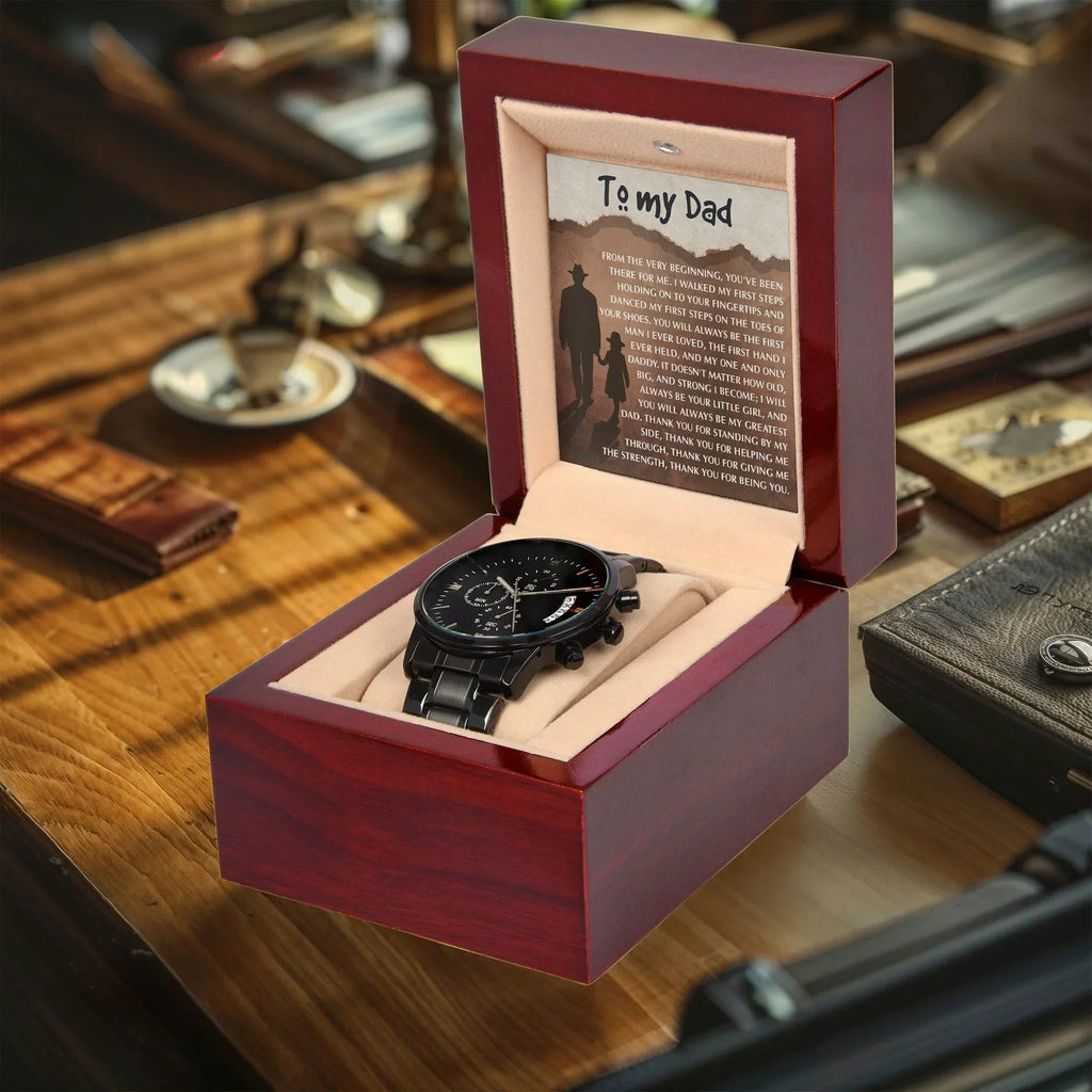 To My Dad - First Love Father Daughter Message Card with Luxury Black Chronograph Watch - Meaningful Father's Day Gift from Daughter