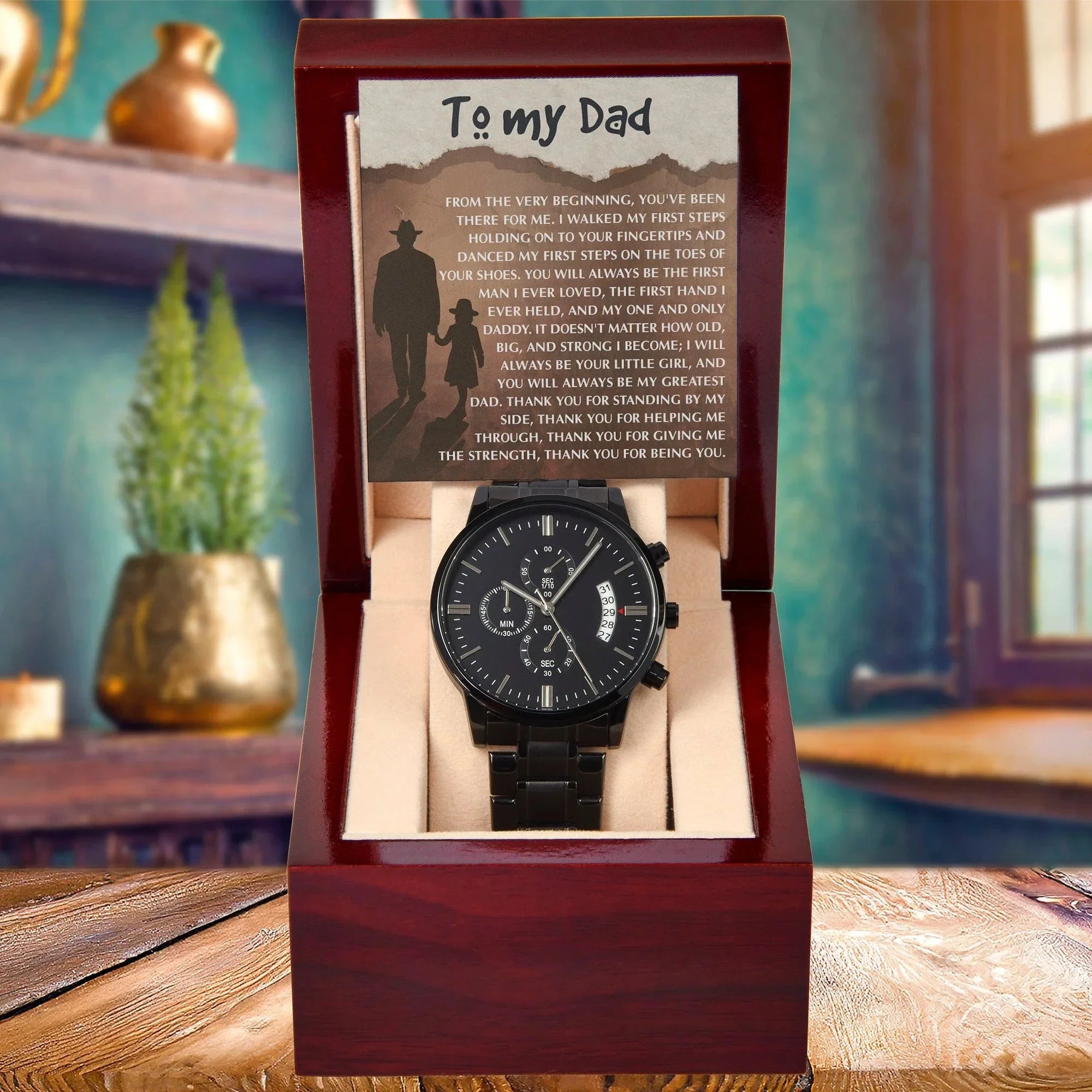 To My Dad - First Love Father Daughter Message Card with Luxury Black Chronograph Watch - Meaningful Father's Day Gift from Daughter