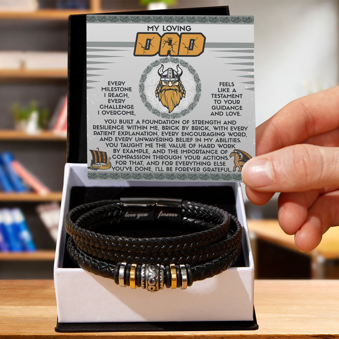 My Loving Dad Birthday, Father's Day Gift - Men's Vegan Leather Bracelet with Viking-Inspired “Foundation Builder” Message Card - Mallard Moon Gift Shop