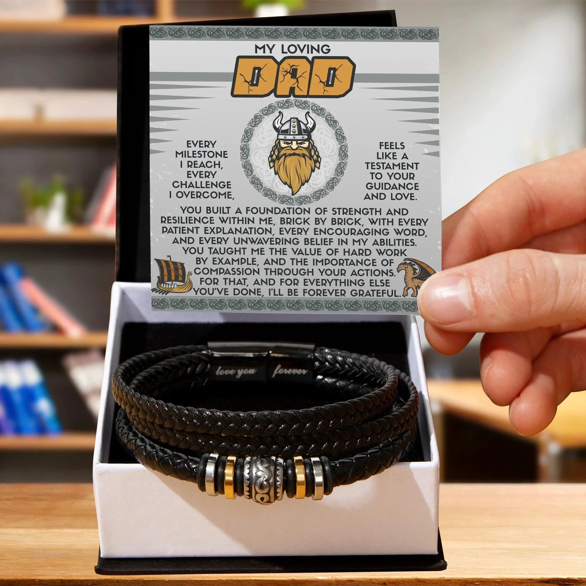 My Loving Dad Birthday, Father's Day Gift - Men's Vegan Leather Bracelet with Viking-Inspired “Foundation Builder” Message Card