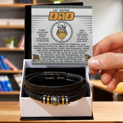 My Loving Dad Birthday, Father's Day Gift - Men's Vegan Leather Bracelet with Viking-Inspired “Foundation Builder” Message Card - Mallard Moon Gift Shop