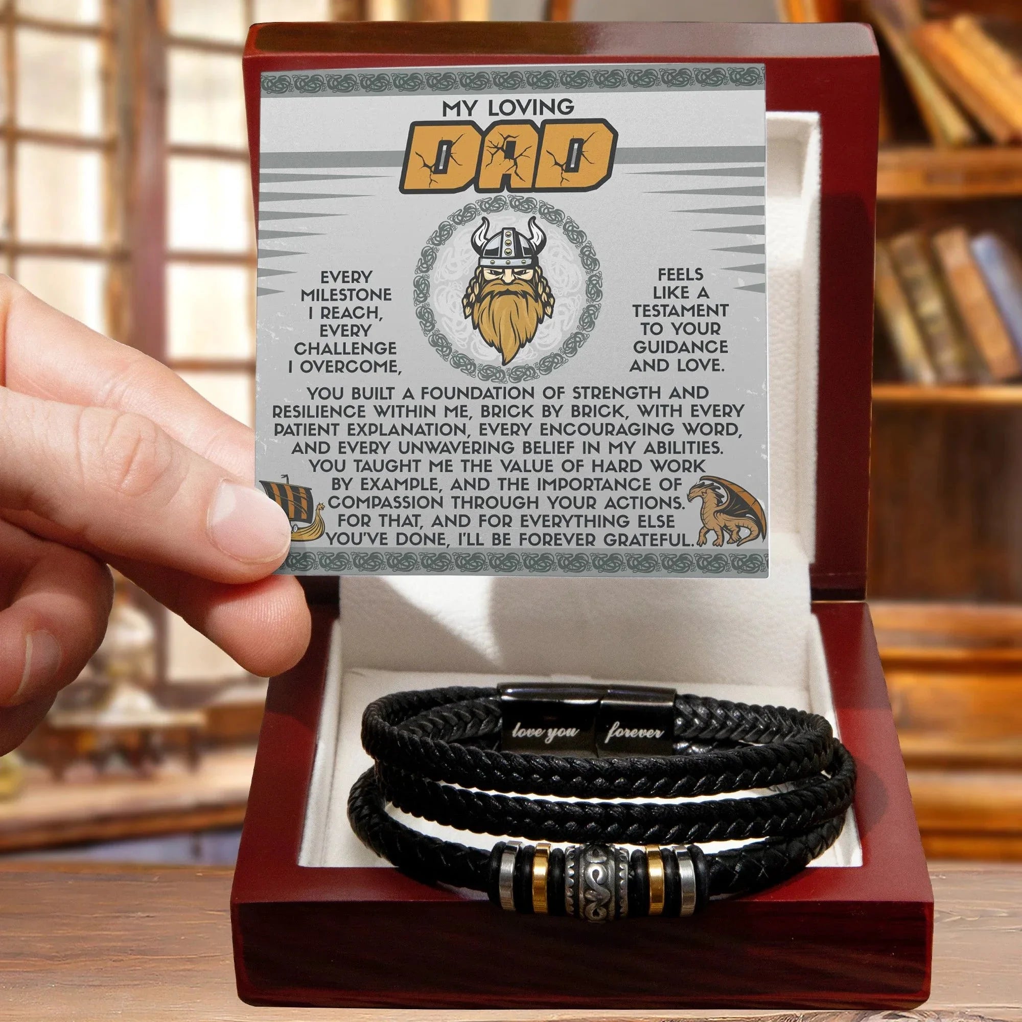 My Loving Dad Birthday, Father's Day Gift - Men's Vegan Leather Bracelet with Viking-Inspired “Foundation Builder” Message Card