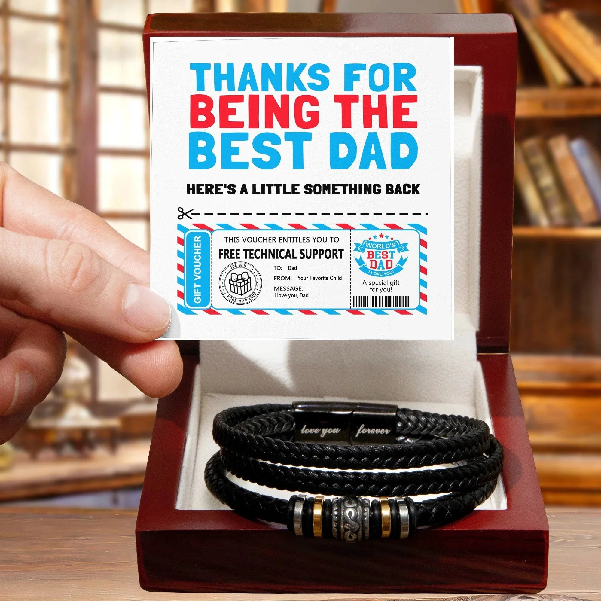 Funny Dad Gift Voucher Bracelet – Free Tech Support Token for the World’s Best Dad – Father’s Day Leather Bracelet Gift from Son or Daughter with Humorous Message Card