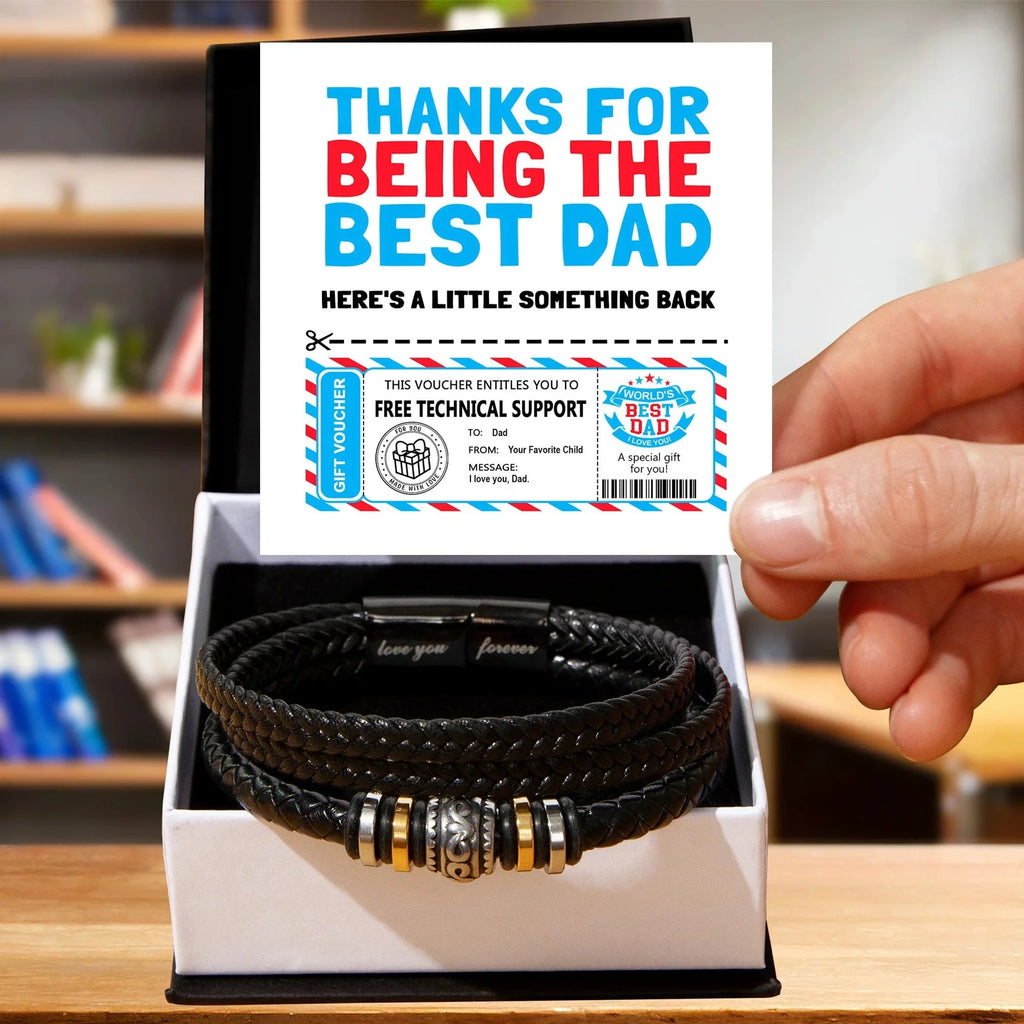 Funny Dad Gift Voucher Bracelet – Free Tech Support Token for the World’s Best Dad – Father’s Day Leather Bracelet Gift from Son or Daughter with Humorous Message Card