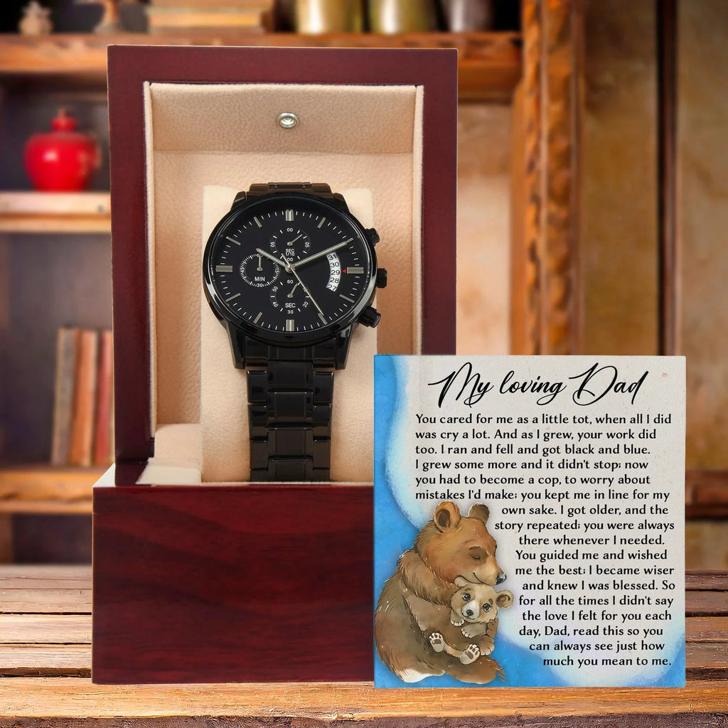 To My Loving Dad Watch Gift | Growing Love Poem Keepsake | Father's Day, Birthday, or Christmas Gift from Daughter or Son | Luxury Black Chronograph Men's Watch with Inspirational Message