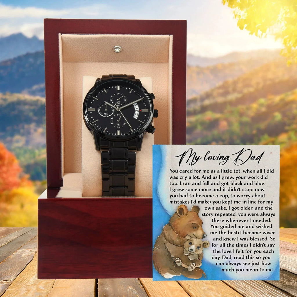 To My Loving Dad Watch Gift | Growing Love Poem Keepsake | Father's Day, Birthday, or Christmas Gift from Daughter or Son | Luxury Black Chronograph Men's Watch with Inspirational Message