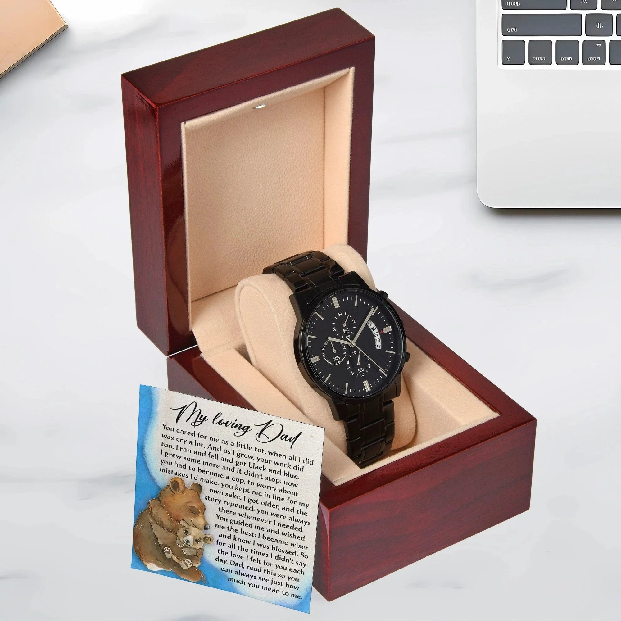 To My Loving Dad Watch Gift | Growing Love Poem Keepsake | Father's Day, Birthday, or Christmas Gift from Daughter or Son | Luxury Black Chronograph Men's Watch with Inspirational Message