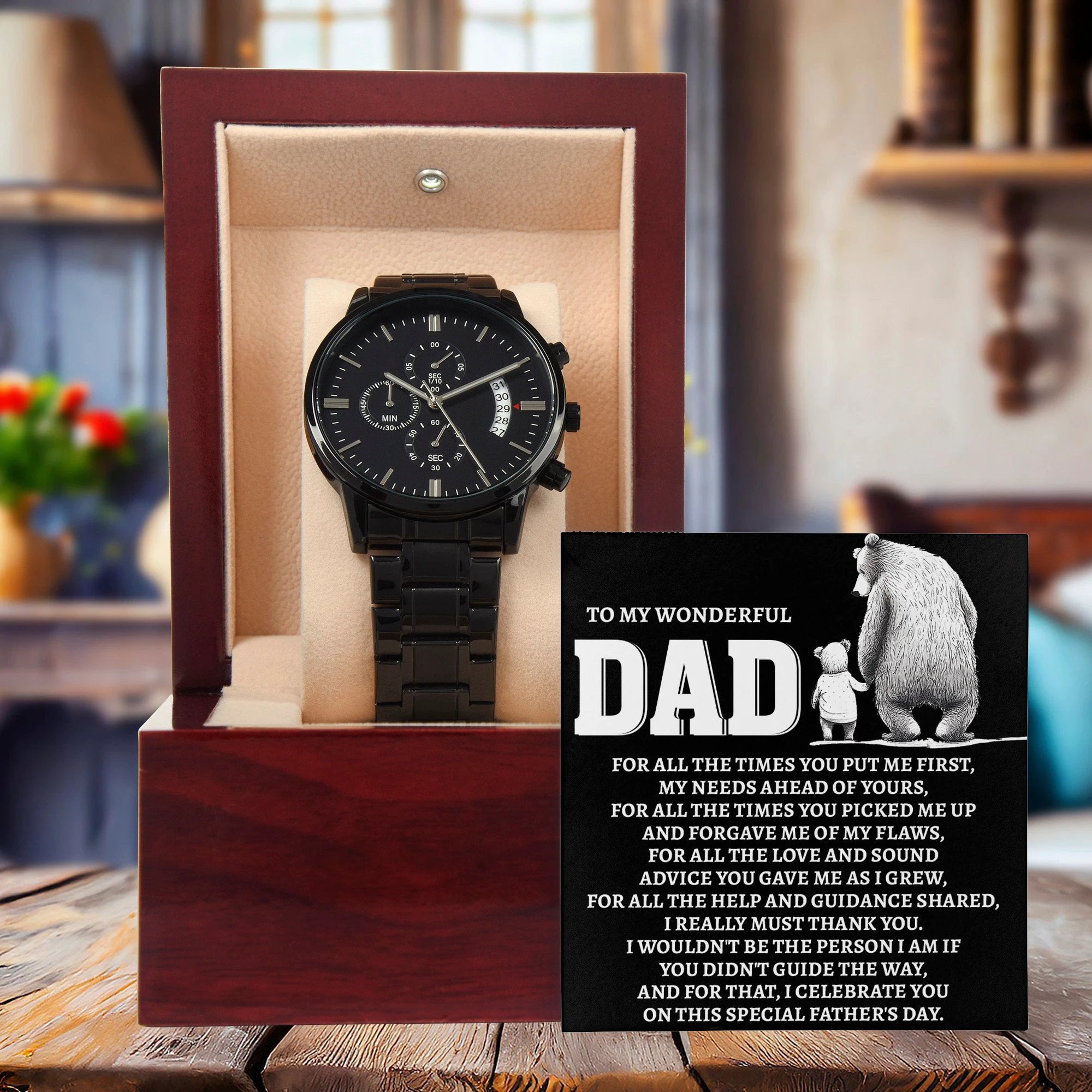 To My Wonderful Dad Men's Black Chronograph Watch – Elegant Father's Day Gift, Luxury Stainless Steel Watch with Engraved Message Card – A Timeless Gift of Thanks for Loving Fathers
