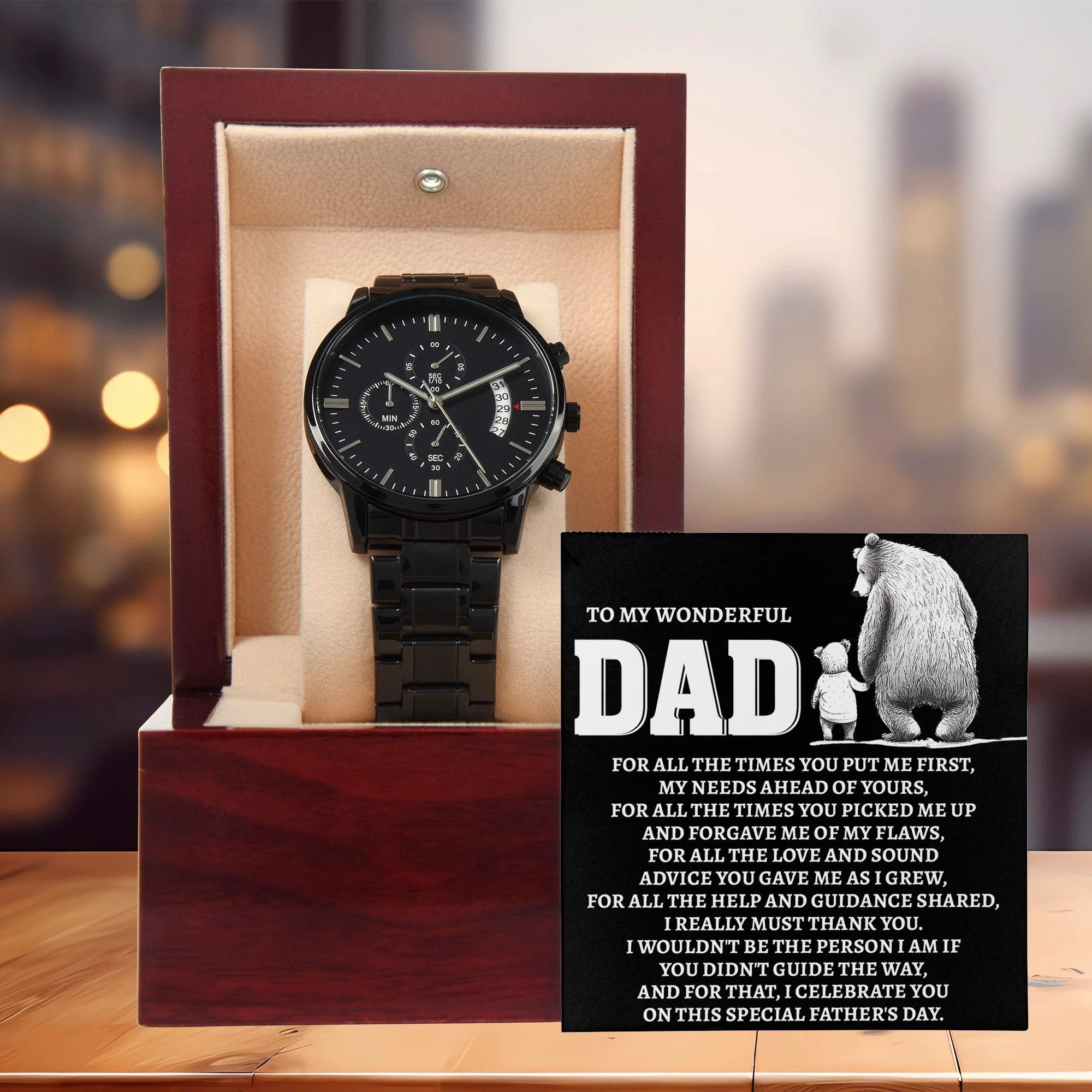 To My Wonderful Dad Men's Black Chronograph Watch – Elegant Father's Day Gift, Luxury Stainless Steel Watch with Engraved Message Card – A Timeless Gift of Thanks for Loving Fathers