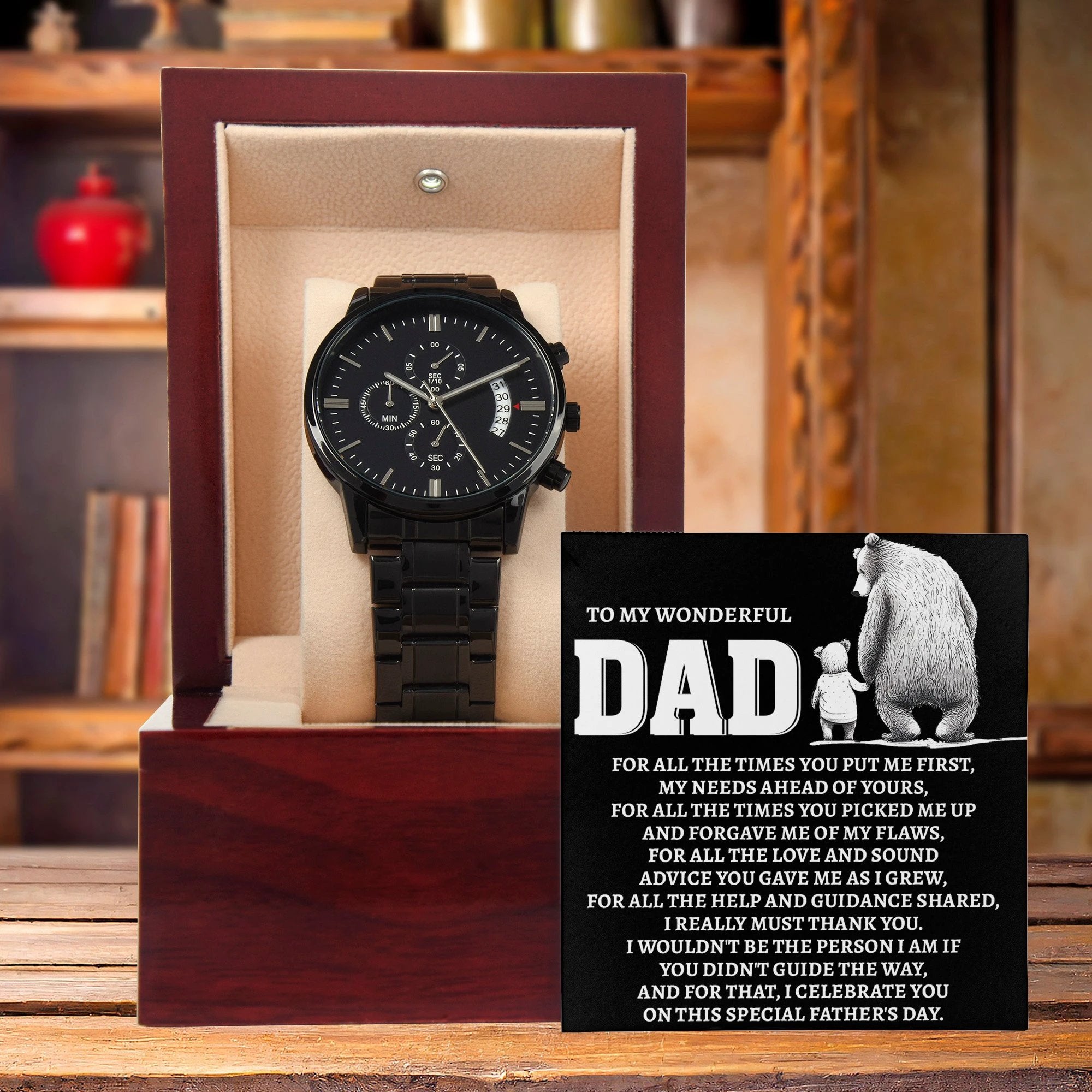 To My Wonderful Dad Men's Black Chronograph Watch – Elegant Father's Day Gift, Luxury Stainless Steel Watch with Engraved Message Card – A Timeless Gift of Thanks for Loving Fathers