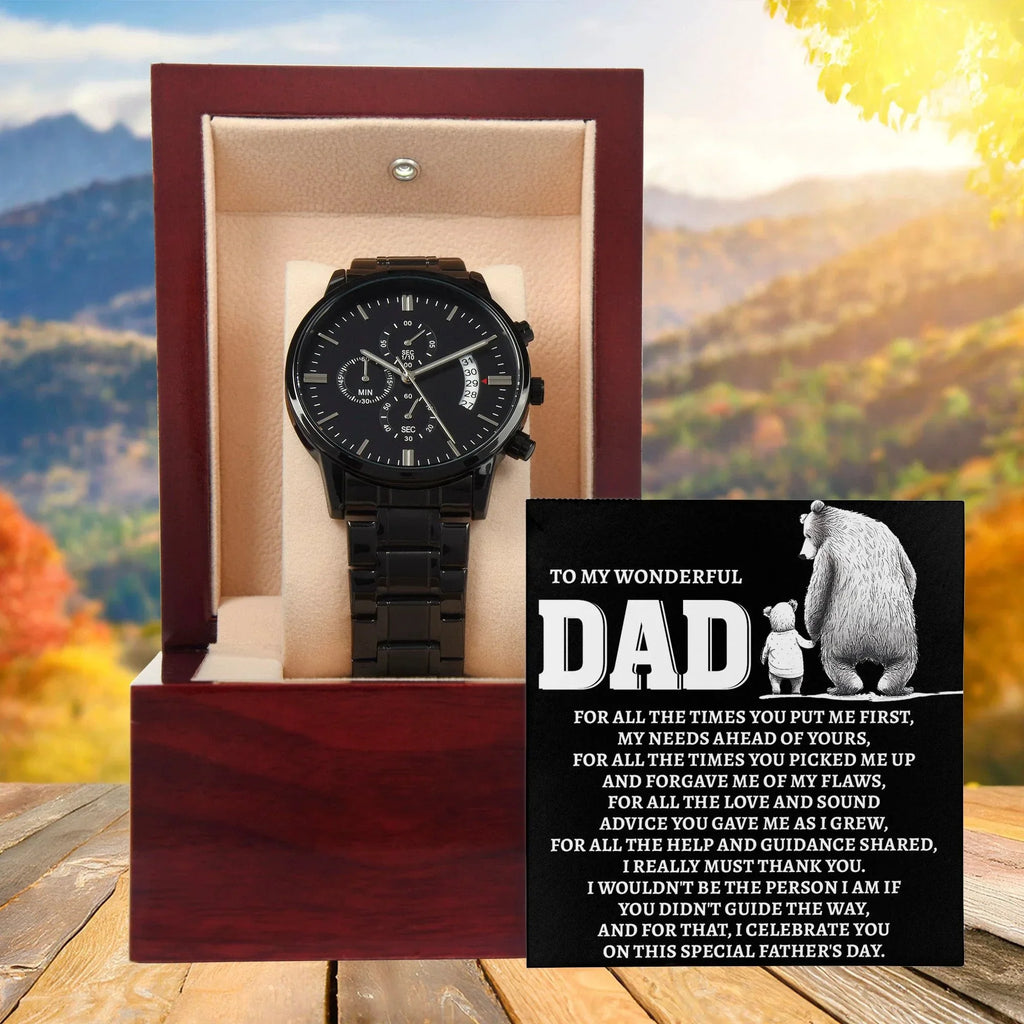 To My Wonderful Dad Men's Black Chronograph Watch – Elegant Father's Day Gift, Luxury Stainless Steel Watch with Engraved Message Card – A Timeless Gift of Thanks for Loving Fathers
