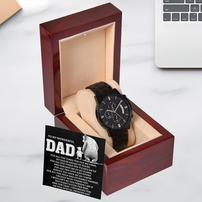 To My Wonderful Dad Men's Black Chronograph Watch – Elegant Father's Day Gift, Luxury Stainless Steel Watch with Engraved Message Card – A Timeless Gift of Thanks for Loving Fathers - Mallard Moon Gift Shop