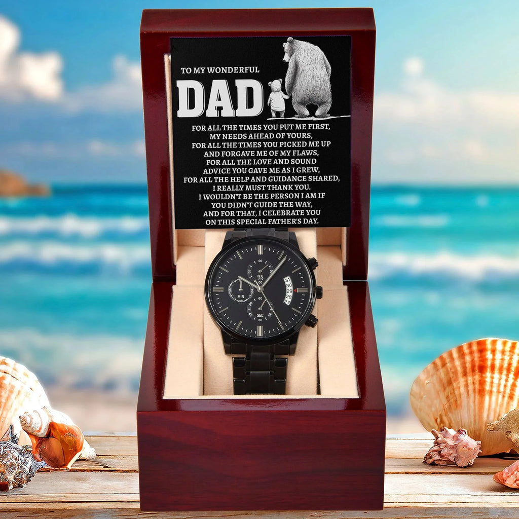 To My Wonderful Dad Men's Black Chronograph Watch – Elegant Father's Day Gift, Luxury Stainless Steel Watch with Engraved Message Card – A Timeless Gift of Thanks for Loving Fathers