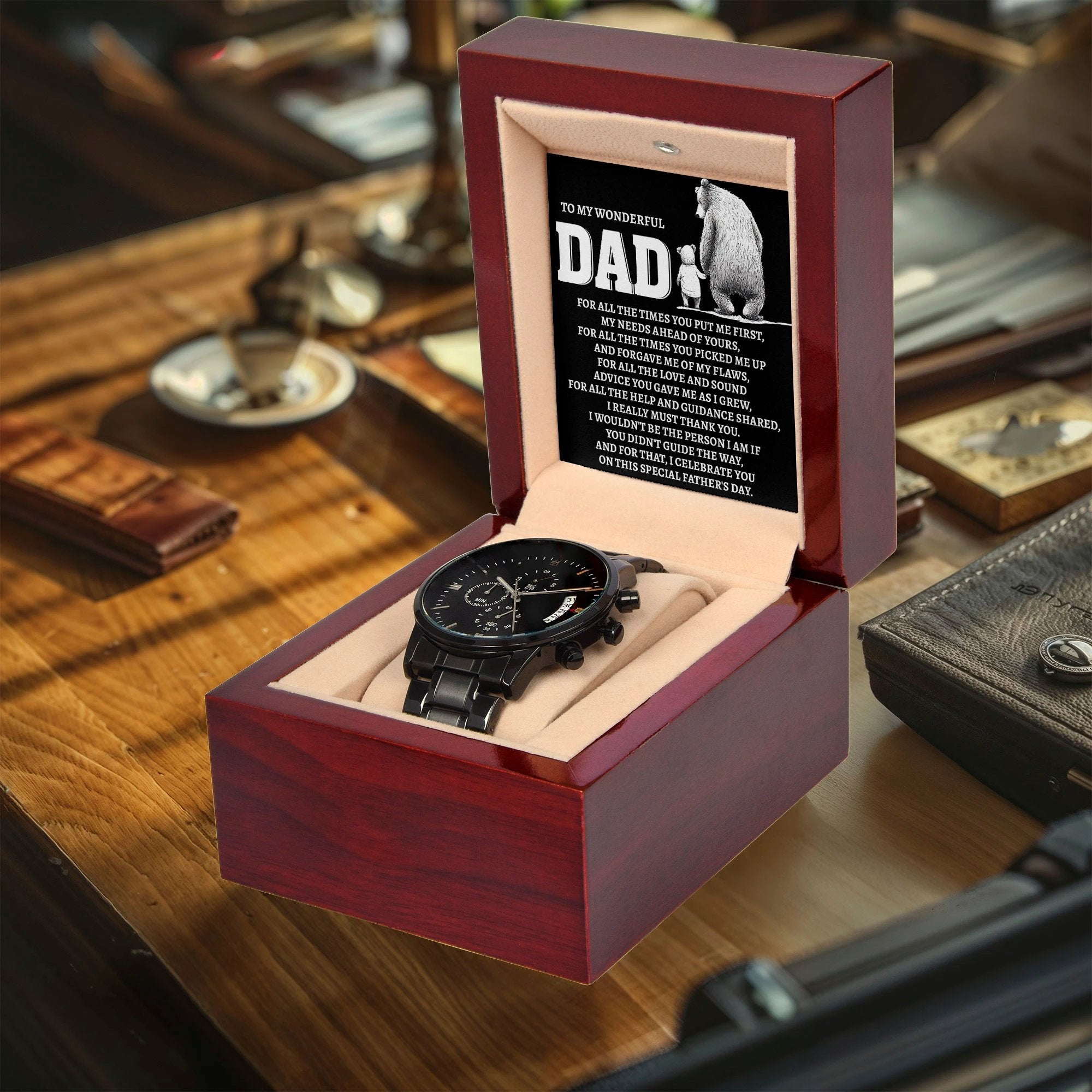 To My Wonderful Dad Men's Black Chronograph Watch – Elegant Father's Day Gift, Luxury Stainless Steel Watch with Engraved Message Card – A Timeless Gift of Thanks for Loving Fathers