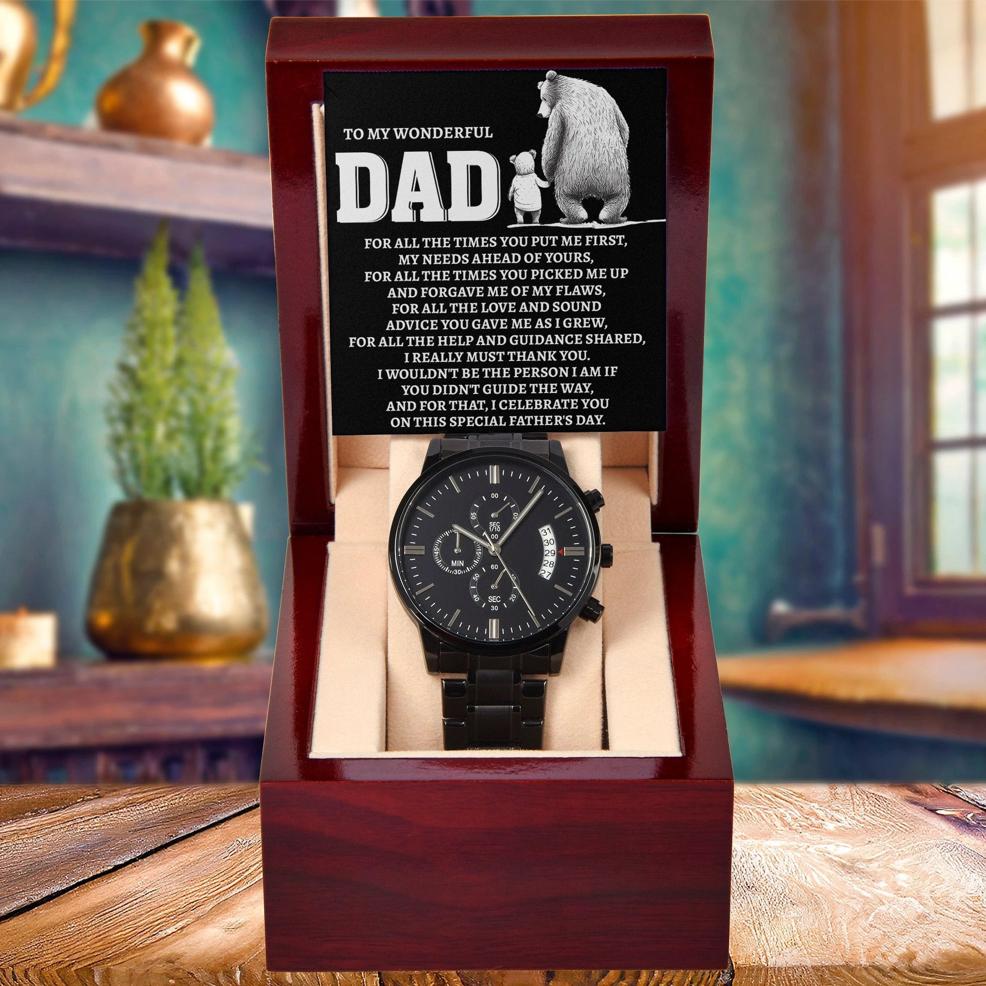 To My Wonderful Dad Men's Black Chronograph Watch – Elegant Father's Day Gift, Luxury Stainless Steel Watch with Engraved Message Card – A Timeless Gift of Thanks for Loving Fathers