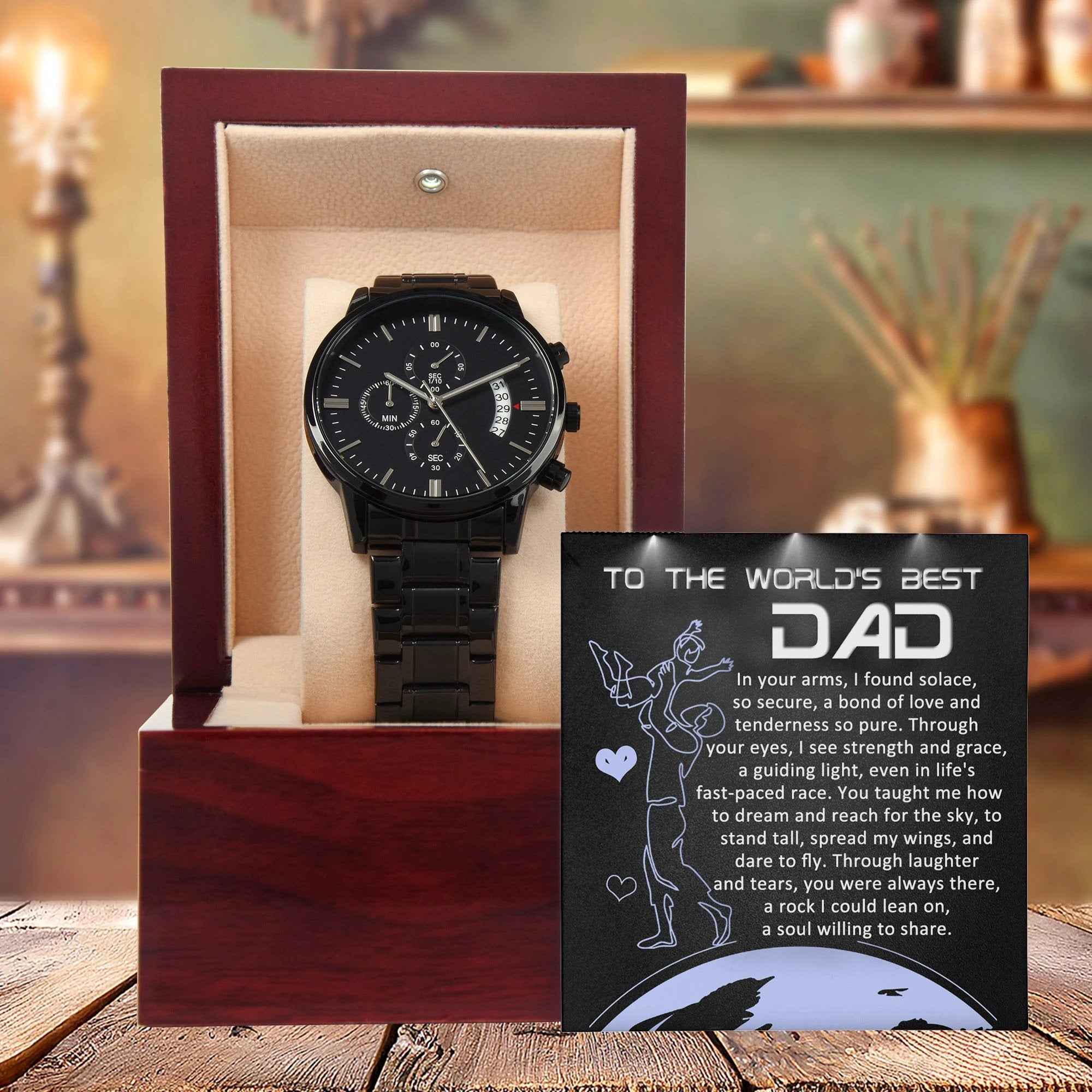 World's Best Dad Luxury Black Chronograph Watch with Guiding Light Message Card – Thoughtful Father's Day Gift from Son or Daughter – Water-Resistant, Stainless-Steel Keepsake Timepiece