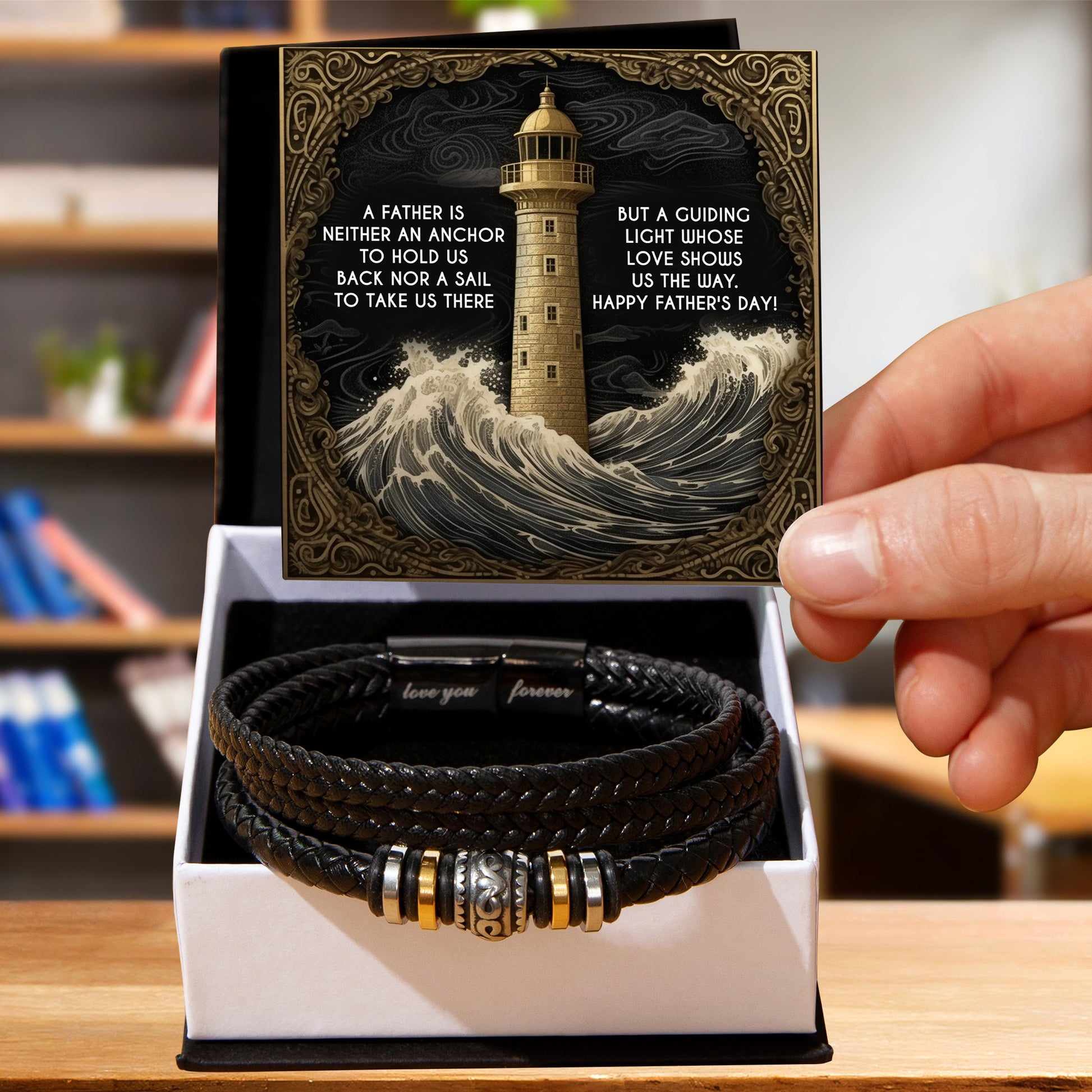 Dad Vegan Leather Bracelet Father's Day Gift - with Inspirational “Guiding Light” Lighthouse Message Card - Mallard Moon Gift Shop
