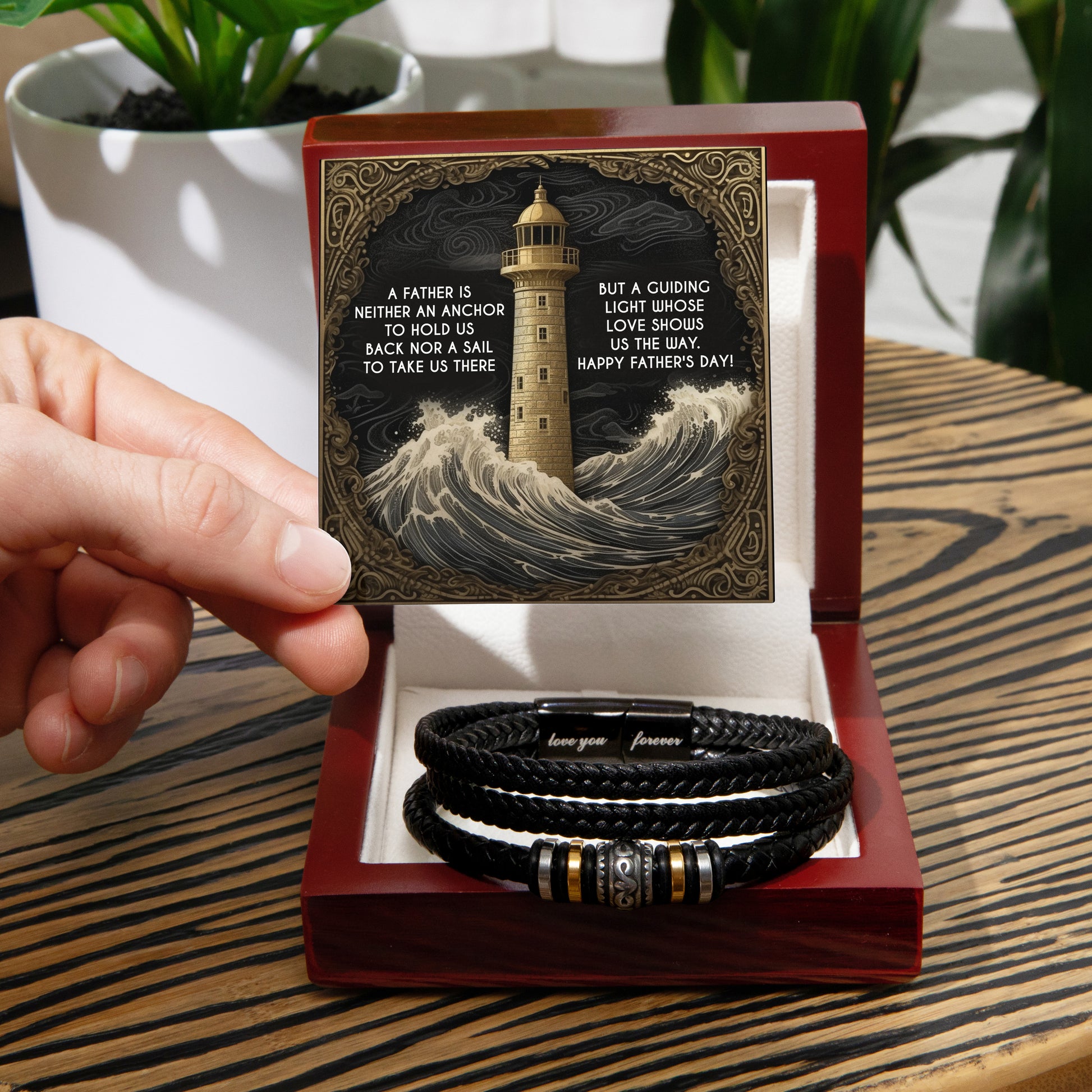 Dad Vegan Leather Bracelet Father's Day Gift - with Inspirational “Guiding Light” Lighthouse Message Card - Mallard Moon Gift Shop