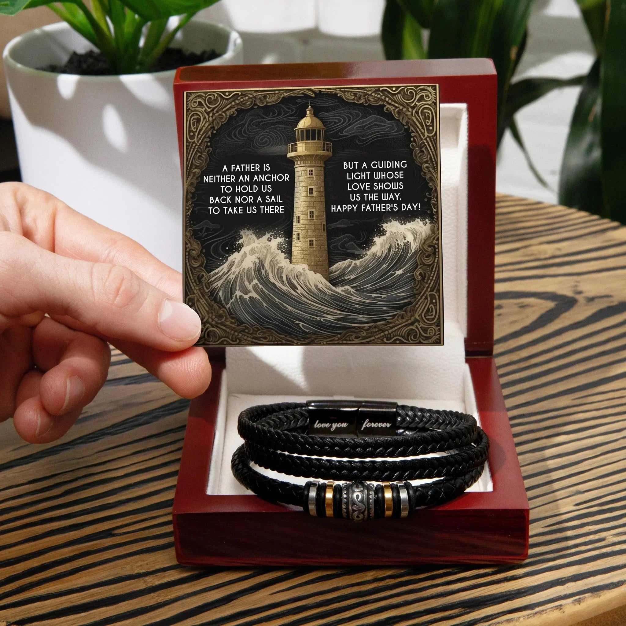 Dad Vegan Leather Bracelet Father's Day Gift - with Inspirational “Guiding Light” Lighthouse Message Card