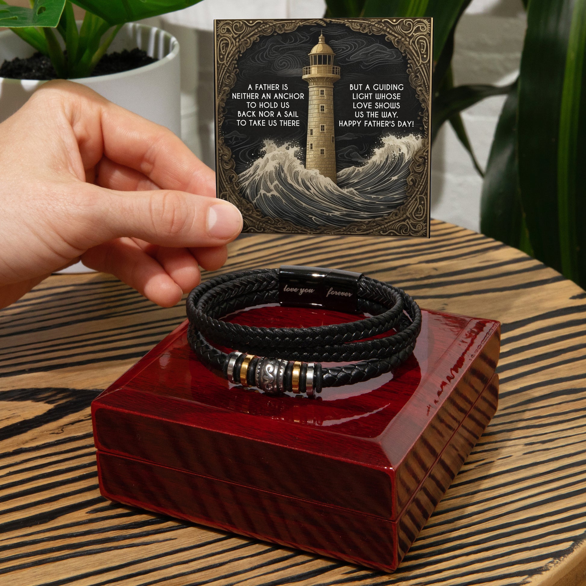 Dad Vegan Leather Bracelet Father's Day Gift - with Inspirational “Guiding Light” Lighthouse Message Card - Mallard Moon Gift Shop