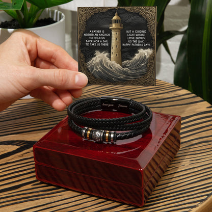 Dad Vegan Leather Bracelet Father's Day Gift - with Inspirational “Guiding Light” Lighthouse Message Card - Mallard Moon Gift Shop